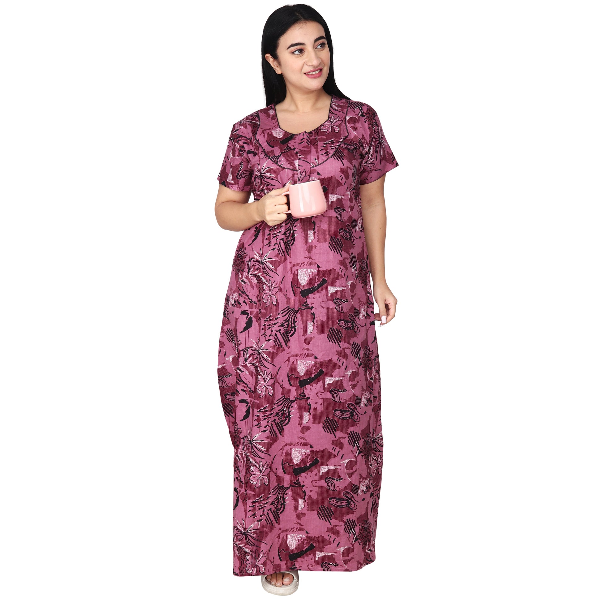 Printed Cotton Nighty For Women - Pink
