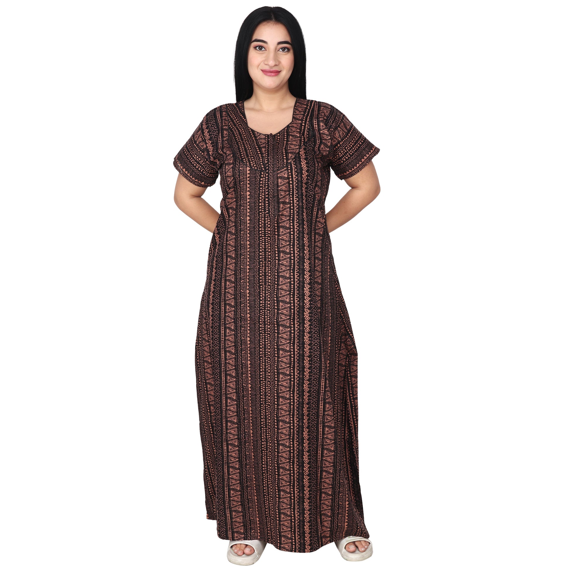 Printed Cotton Nighty For Women - Brown
