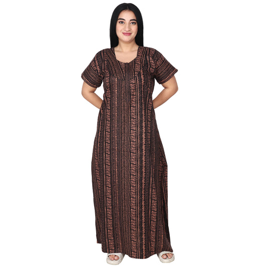 Printed Cotton Nighty For Women - Brown