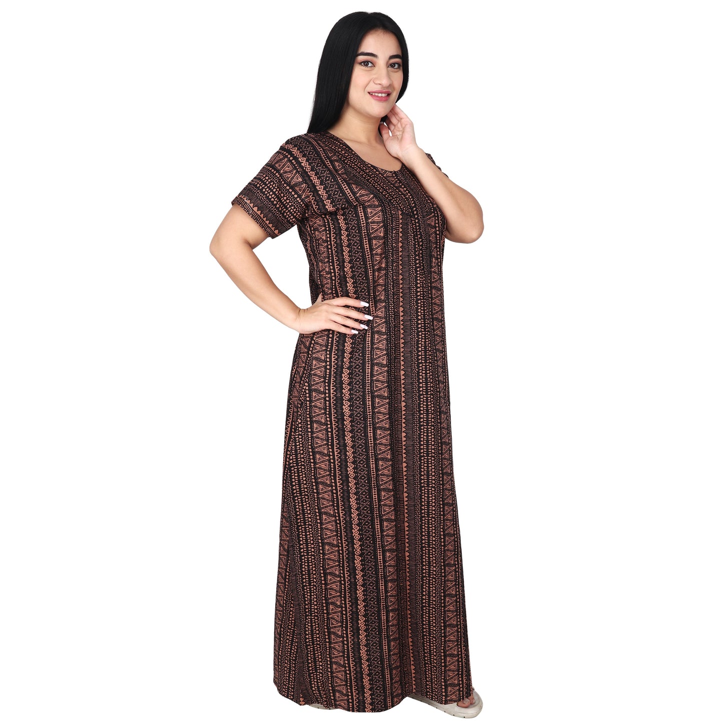Printed Cotton Nighty For Women - Brown