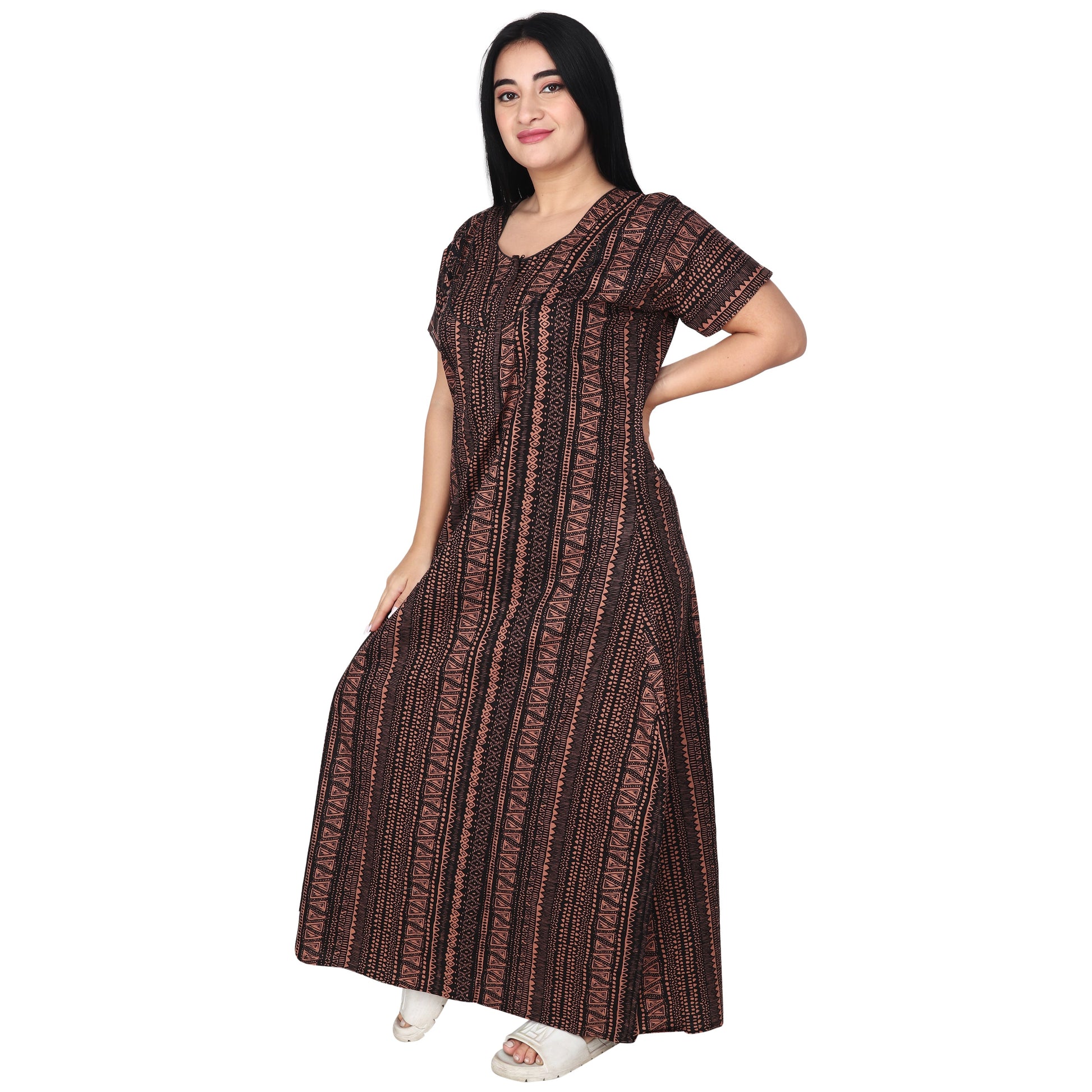 Printed Cotton Nighty For Women - Brown