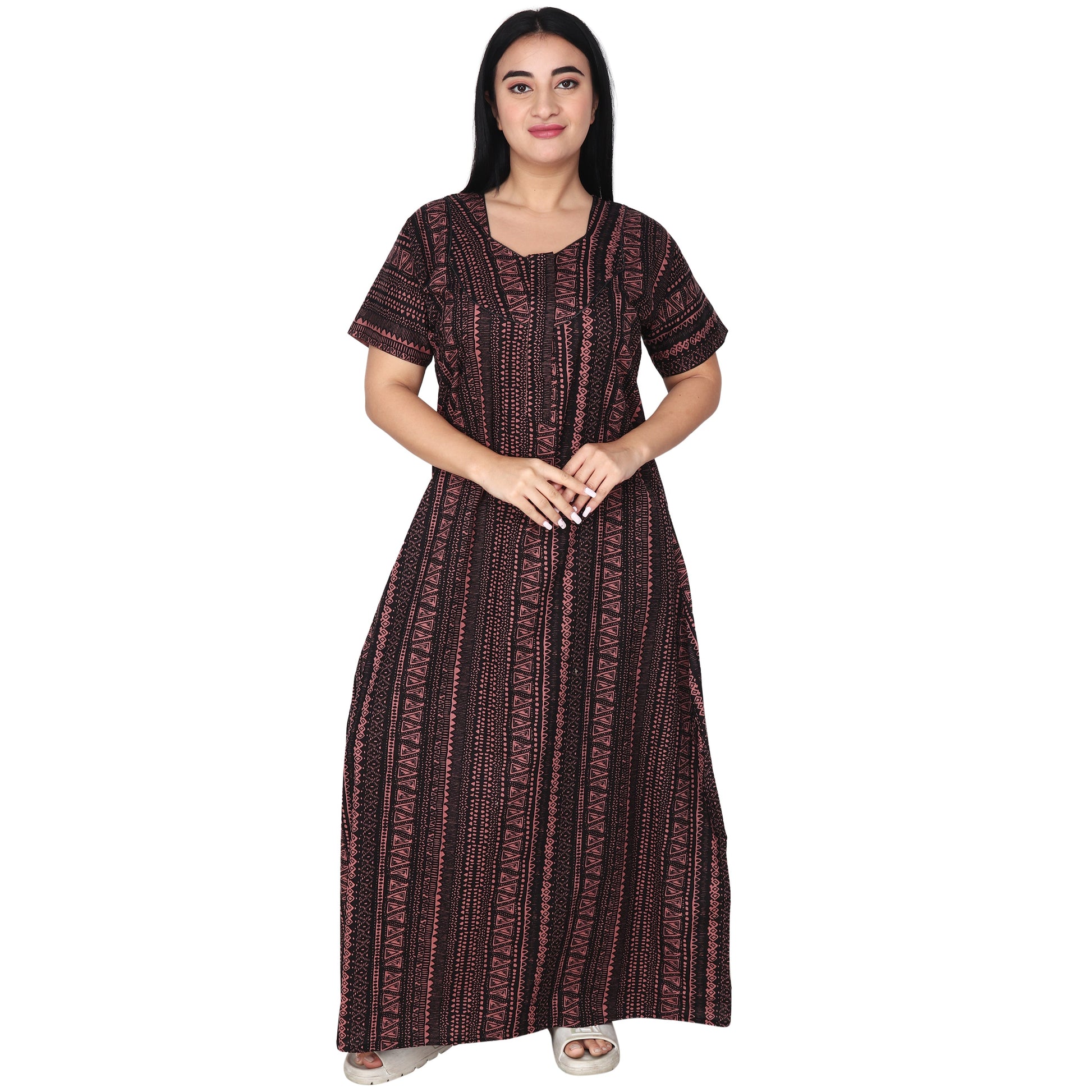 Printed Cotton Nighty For Women - Pink