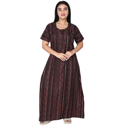 Printed Cotton Nighty For Women - Pink
