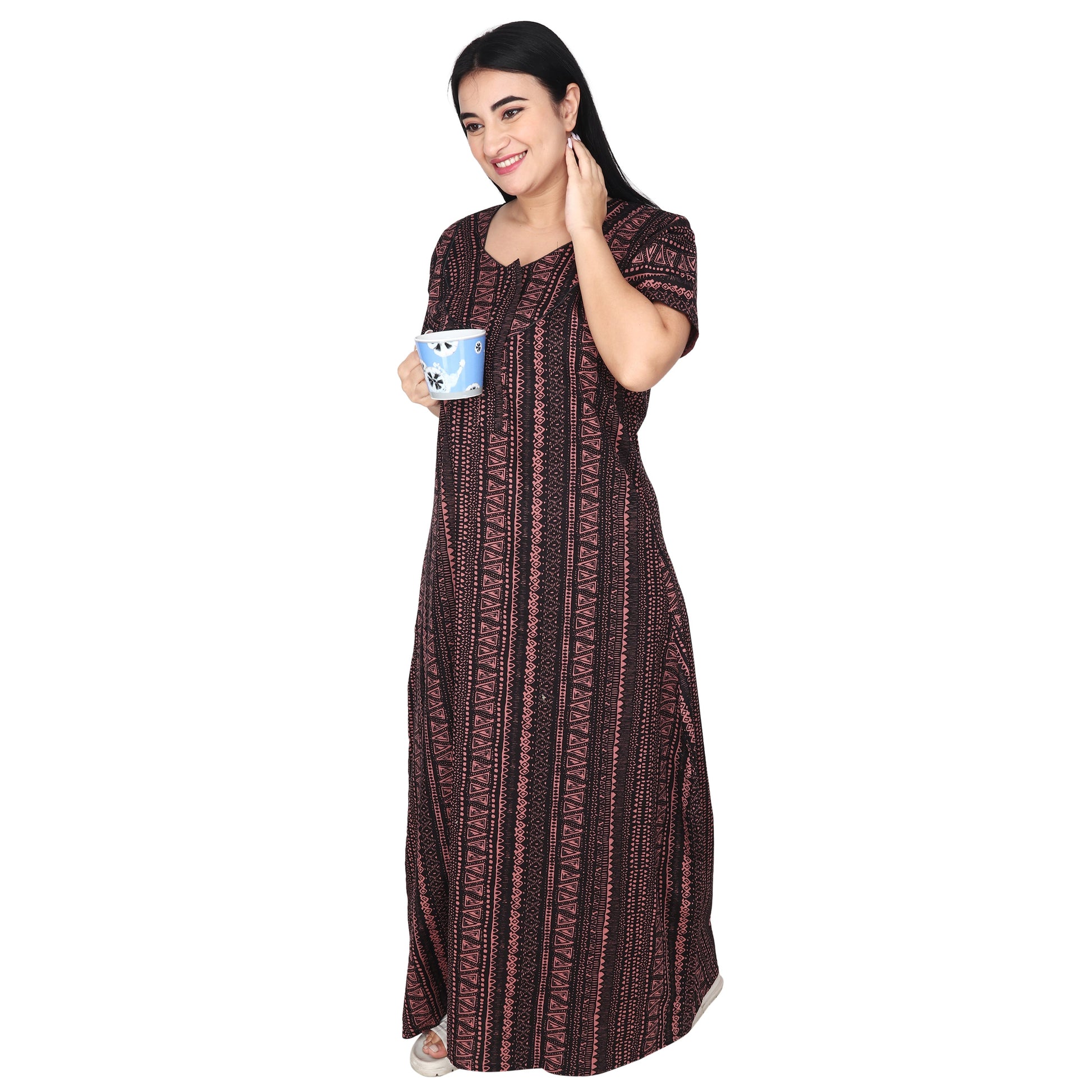 Printed Cotton Nighty For Women - Pink