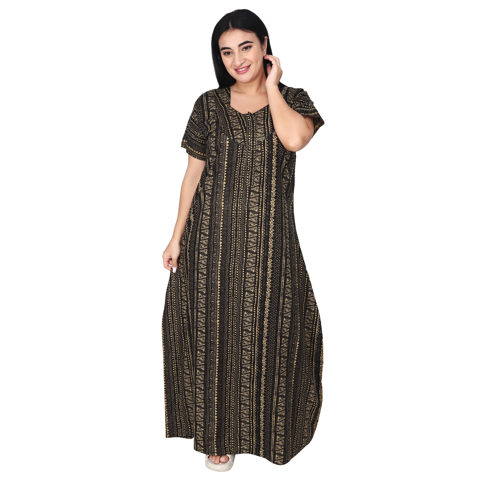 Printed Cotton Nighty For Women - Yellow