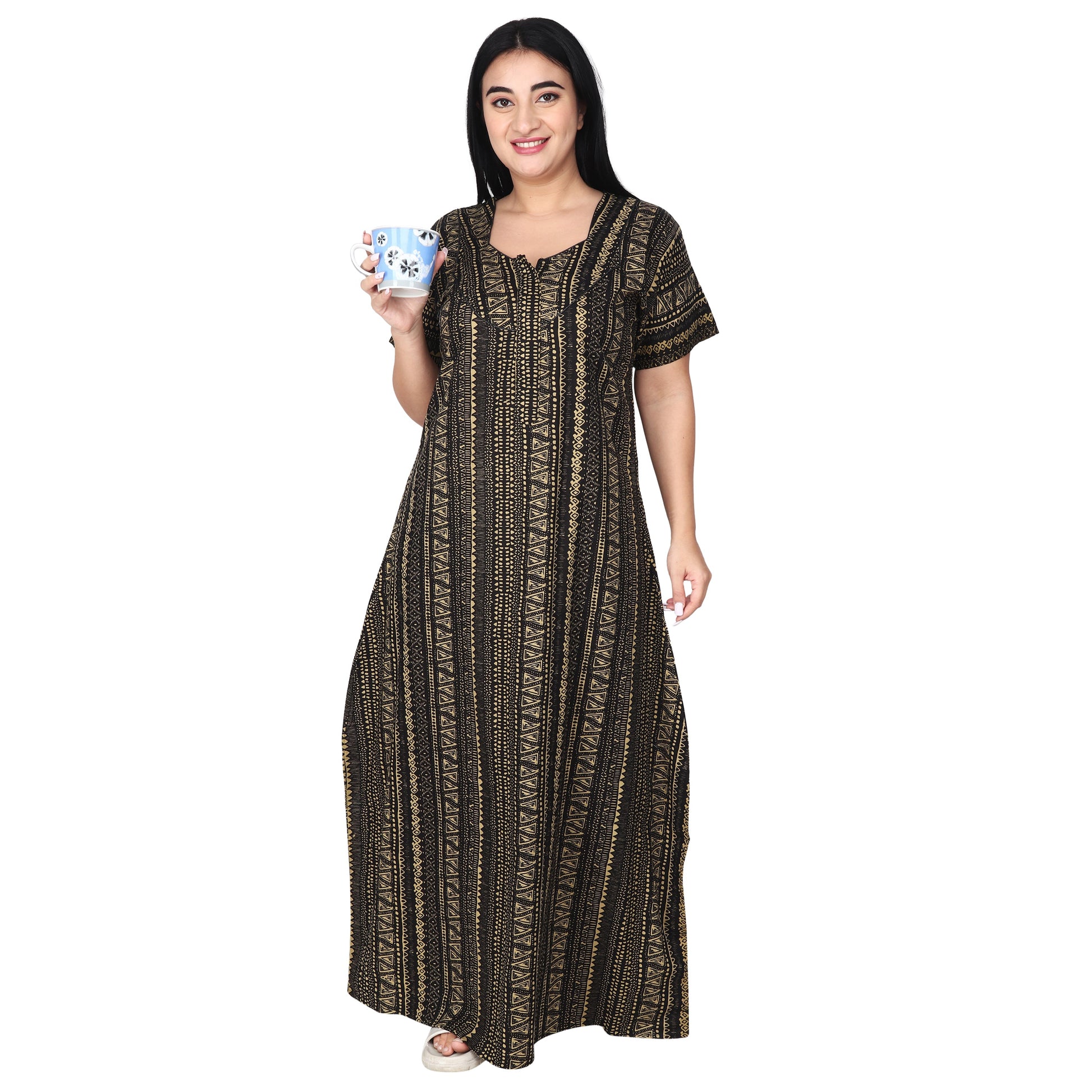 Printed Cotton Nighty For Women - Yellow