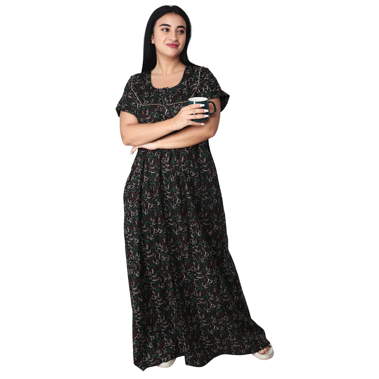 Printed Cotton Nighty For Women - Light Green