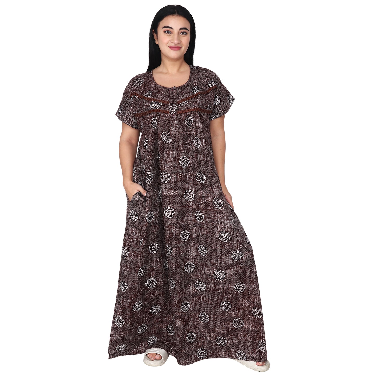Printed Cotton Nighty For Women - Brown
