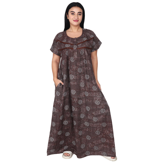 Printed Cotton Nighty For Women - Brown
