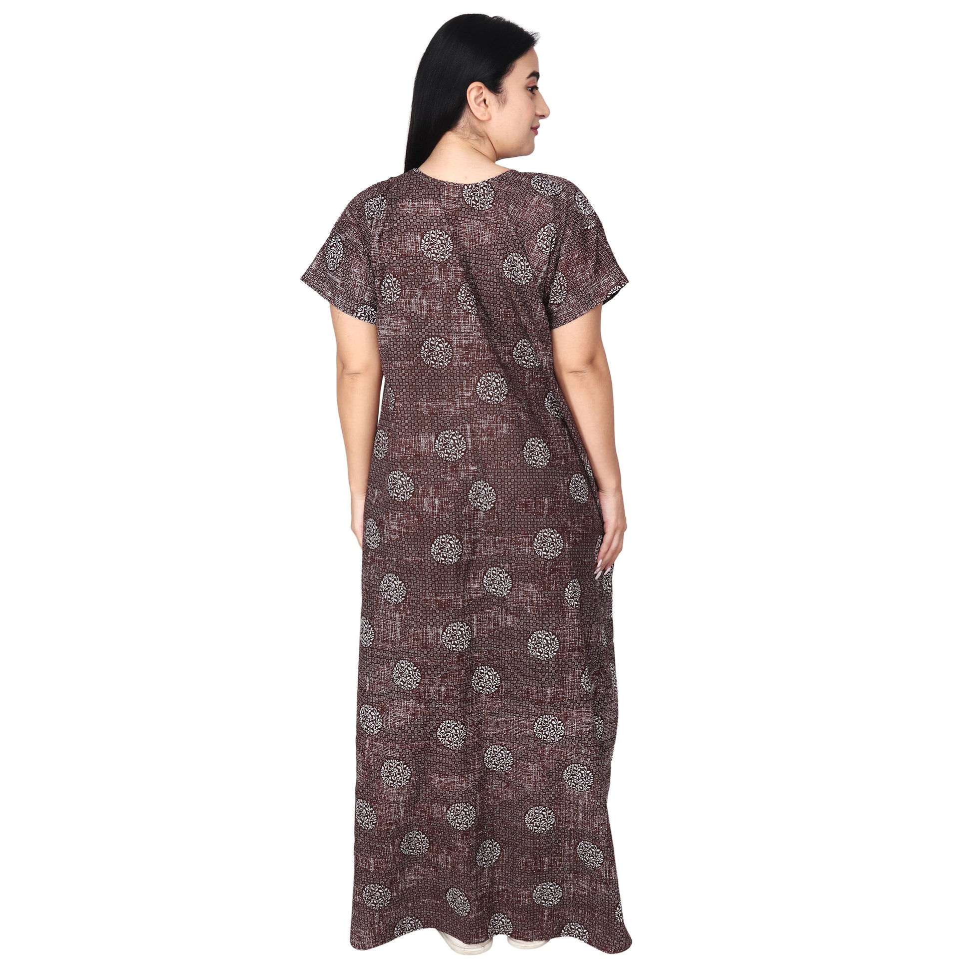 Printed Cotton Nighty For Women - Brown