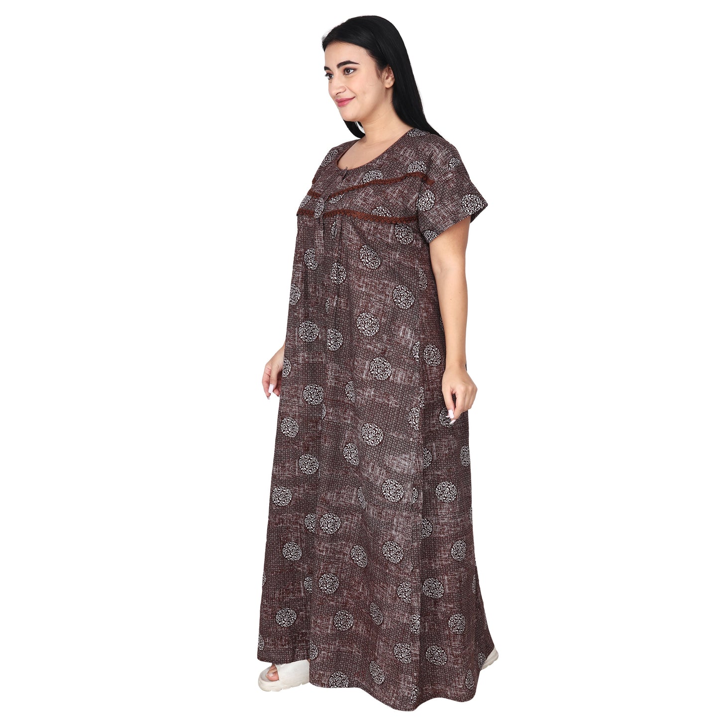 Printed Cotton Nighty For Women - Brown