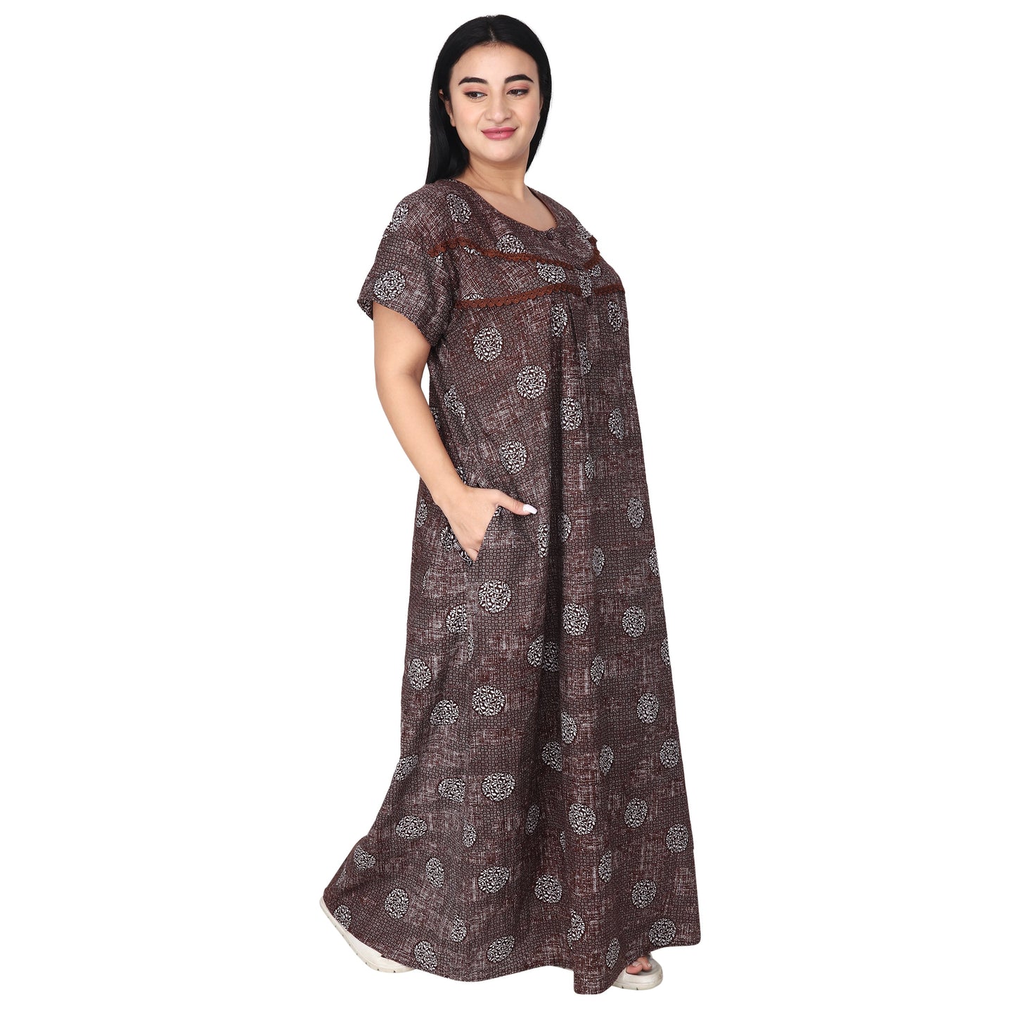 Printed Cotton Nighty For Women - Brown
