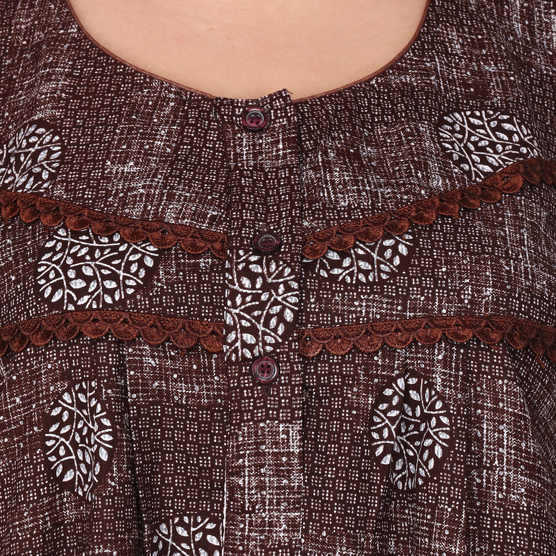 Printed Cotton Nighty For Women - Brown