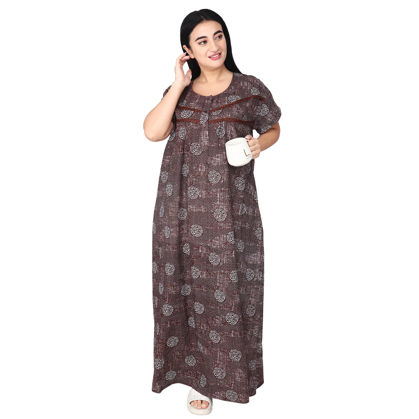 Printed Cotton Nighty For Women - Brown