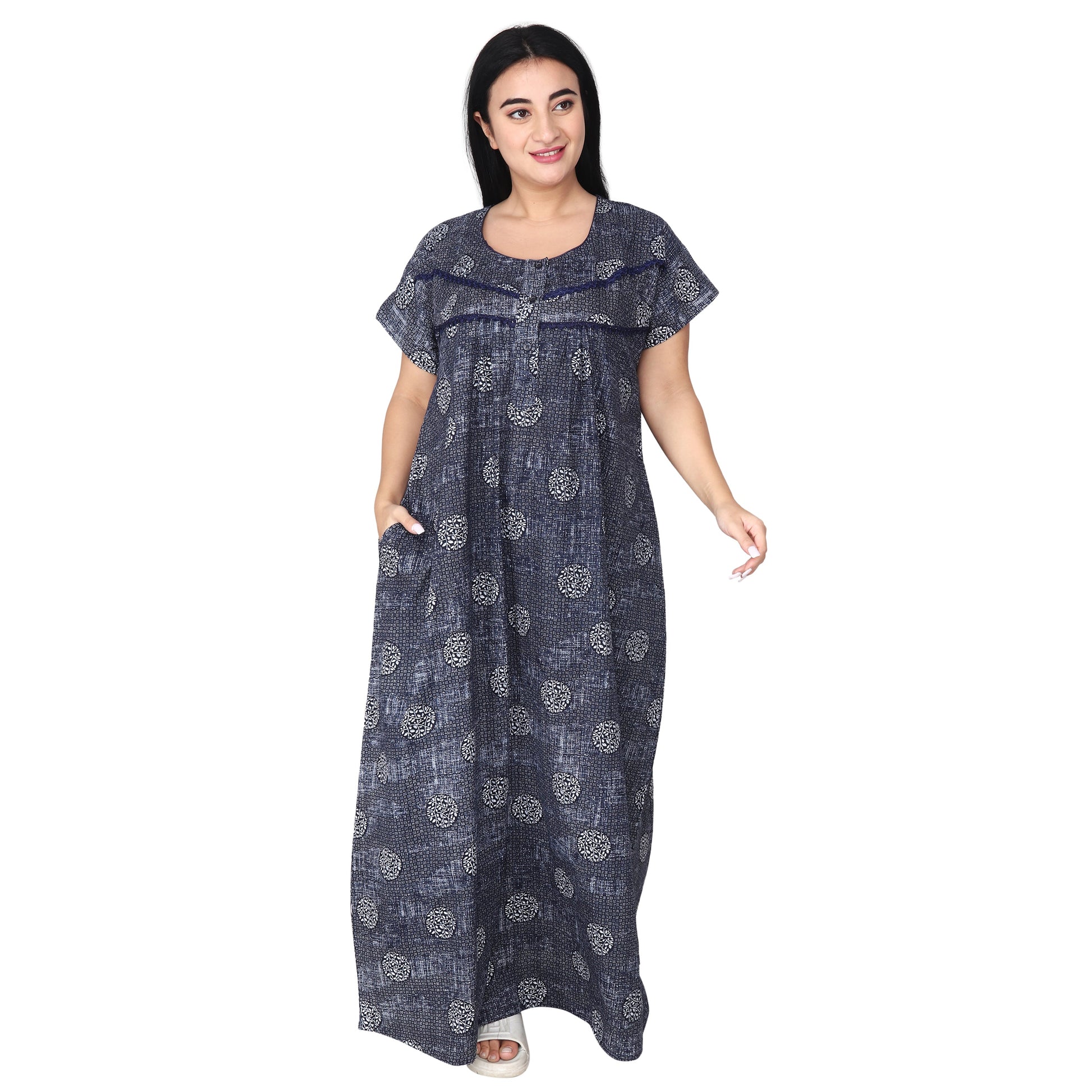 Printed Cotton Nighty For Women - Blue