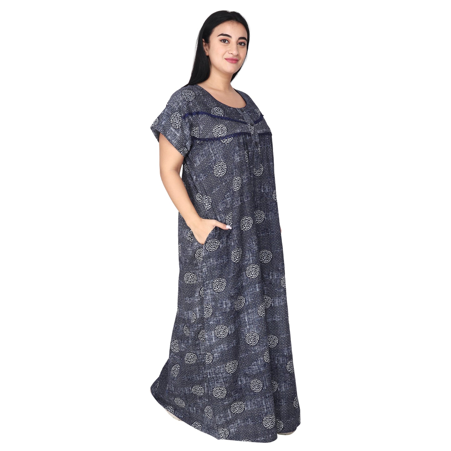 Printed Cotton Nighty For Women - Blue