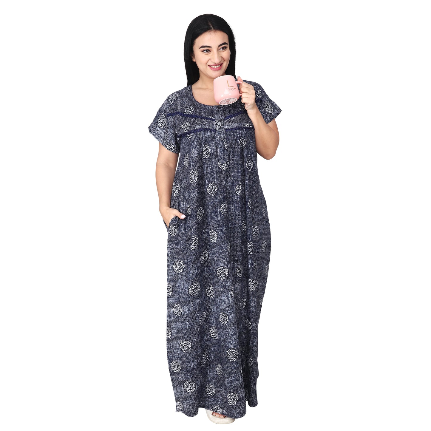 Printed Cotton Nighty For Women - Blue