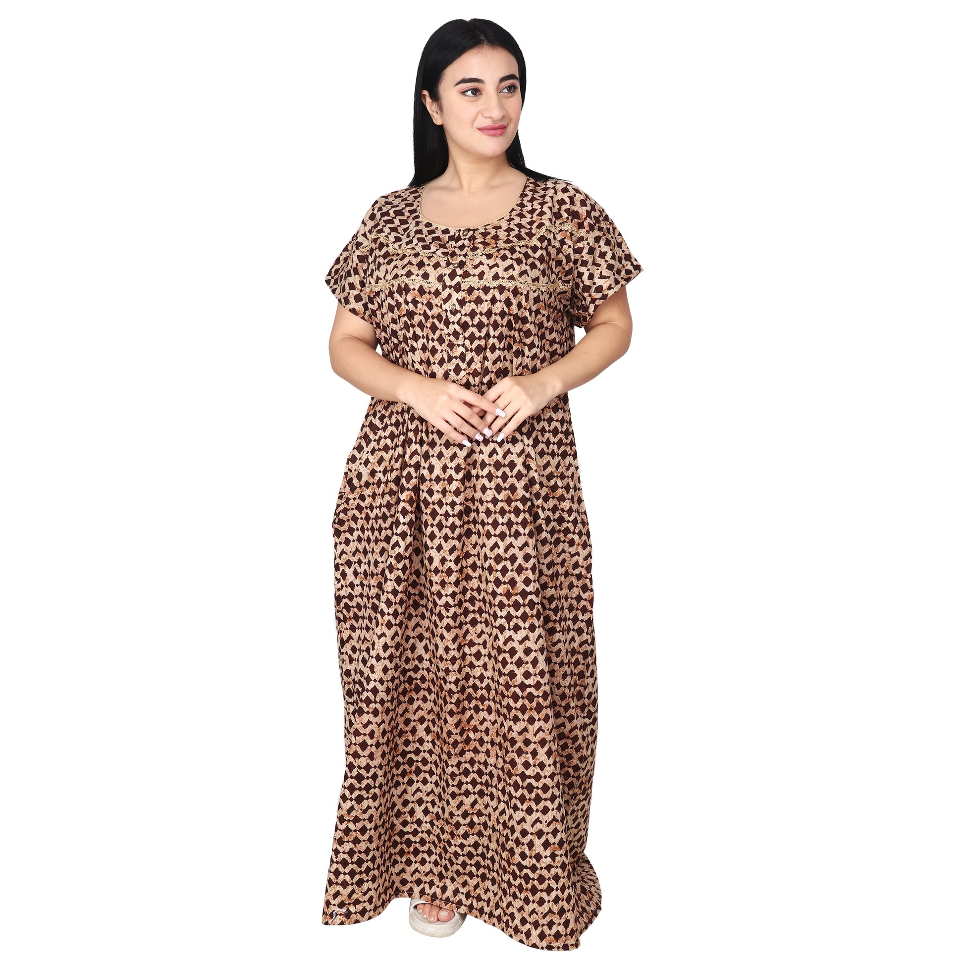 Printed Cotton Nighty For Women - Yellow