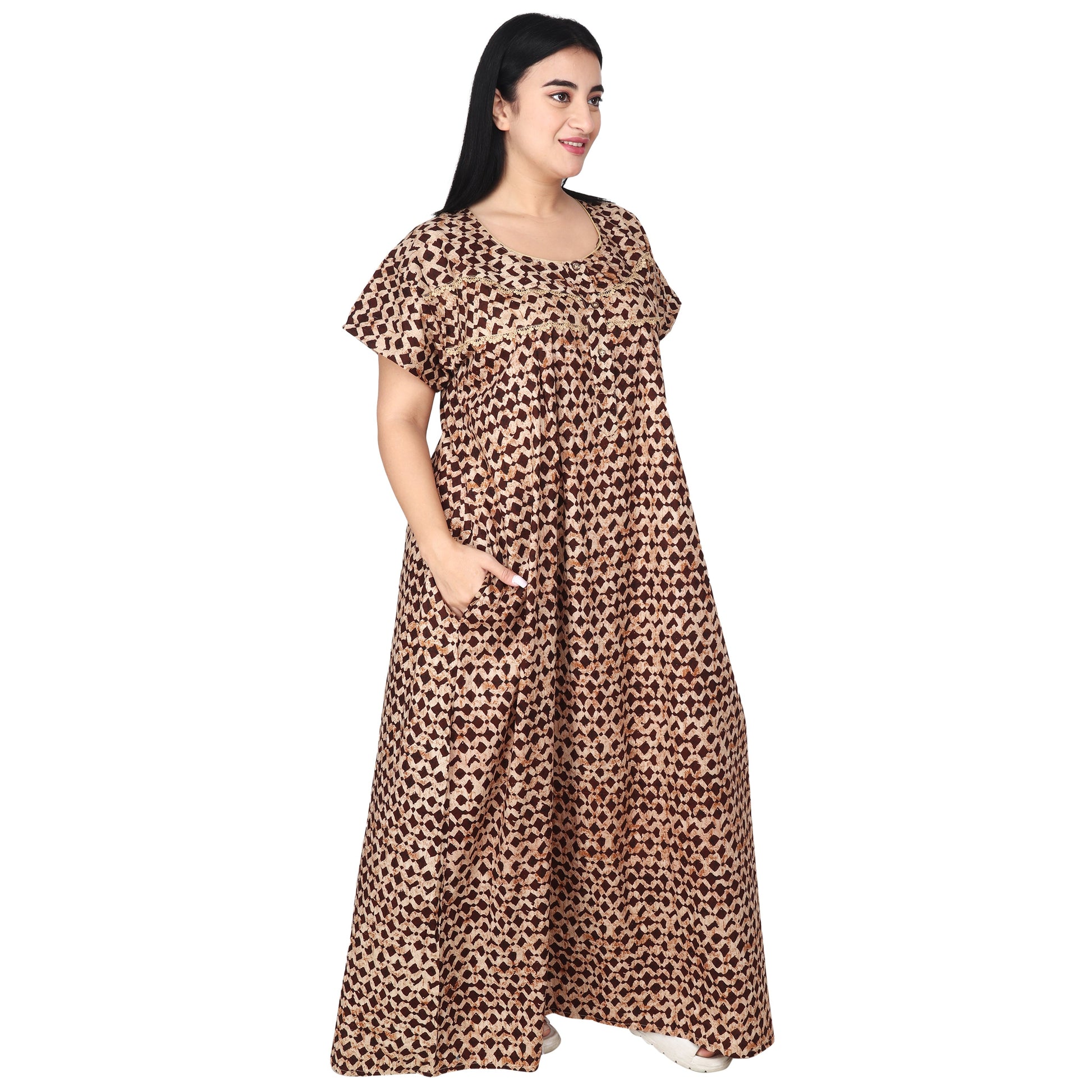 Printed Cotton Nighty For Women - Yellow