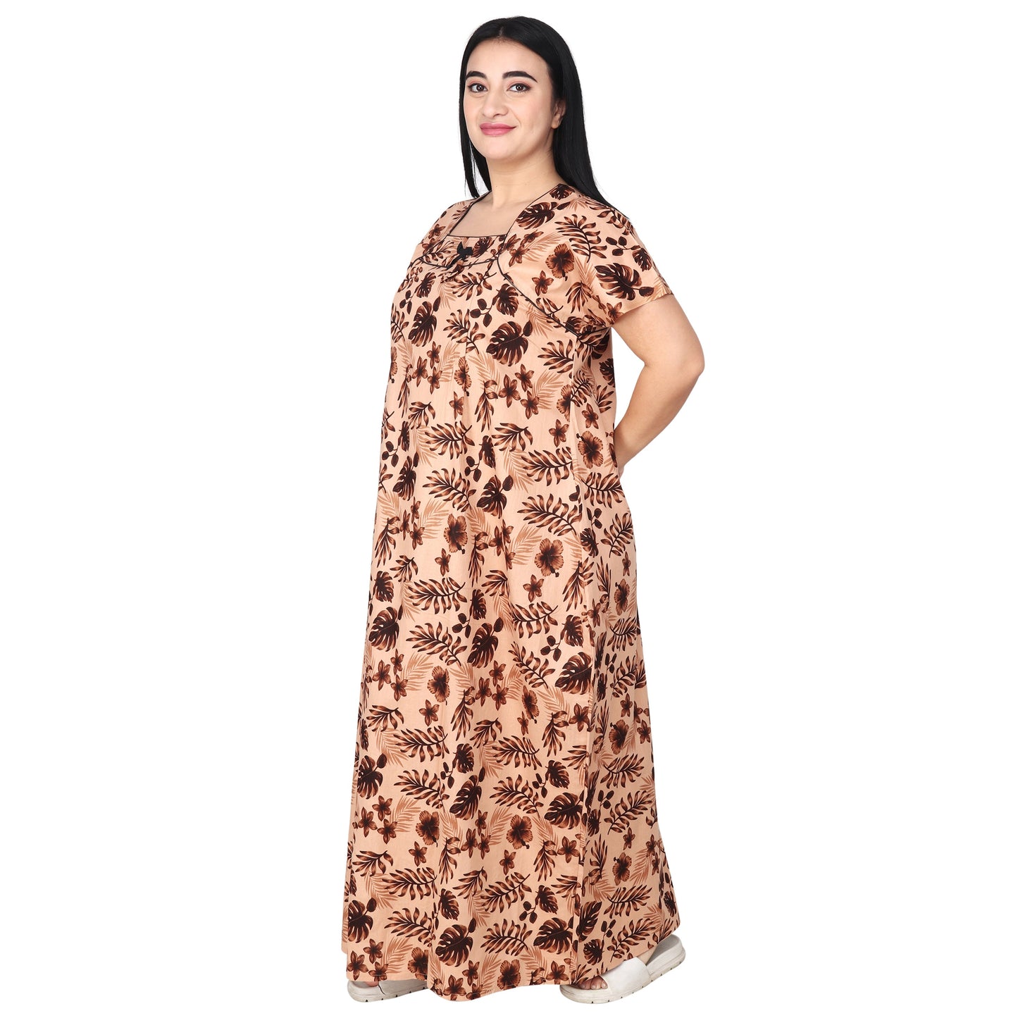 Printed Cotton Mother Nighty For Women - Brown