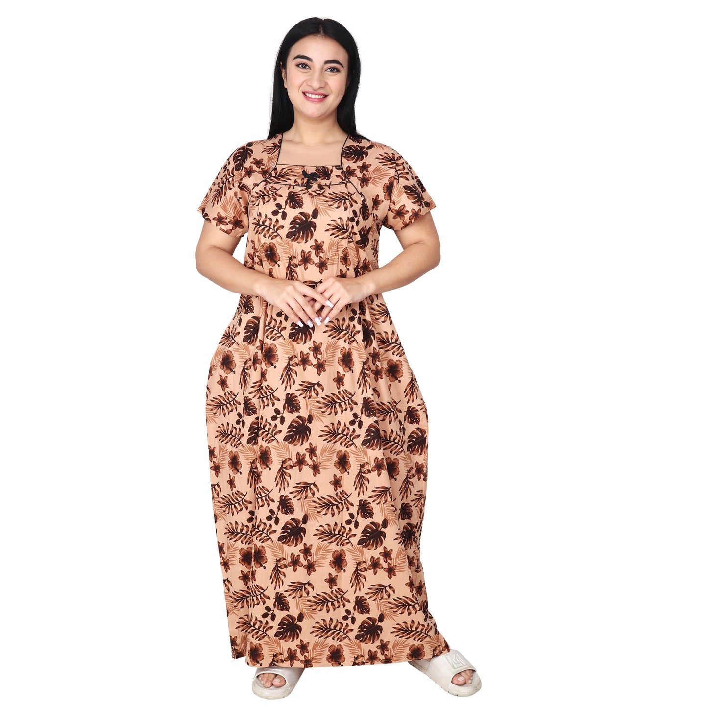 Printed Cotton Mother Nighty For Women - Brown