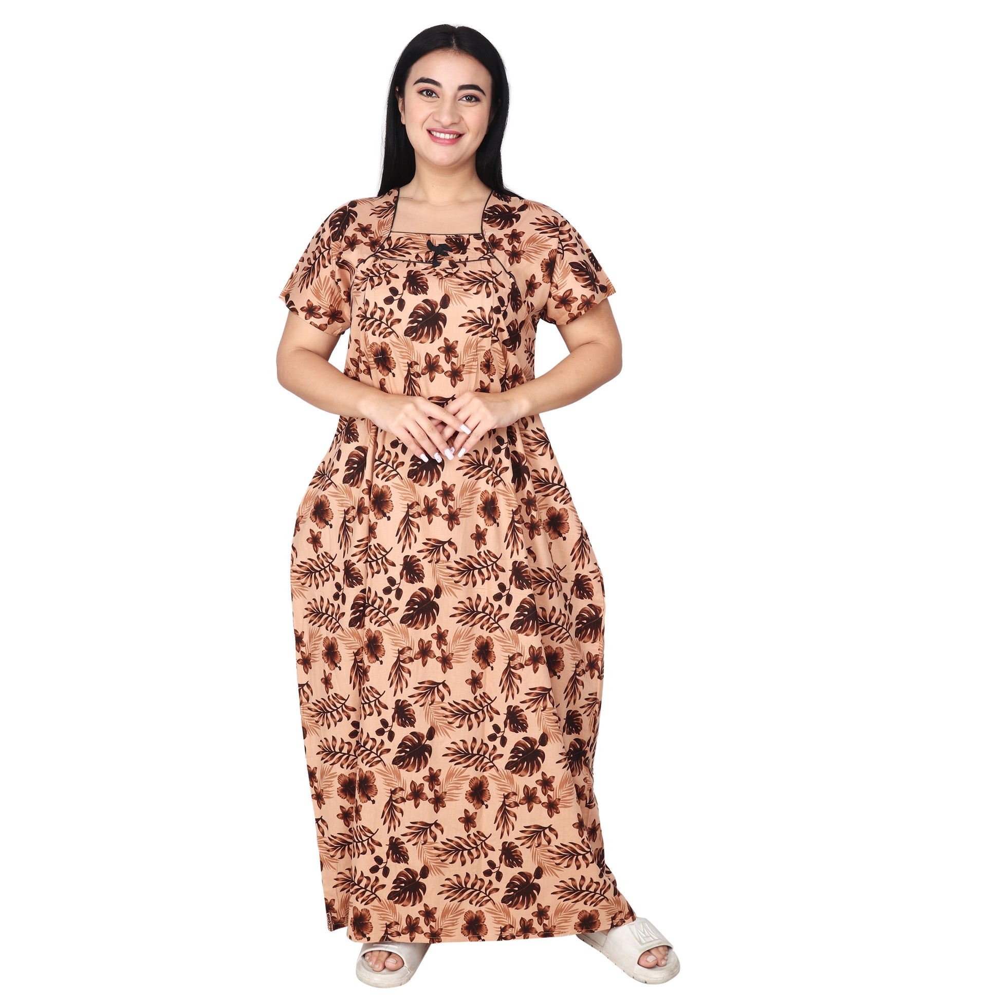 Printed Cotton Mother Nighty For Women - Brown