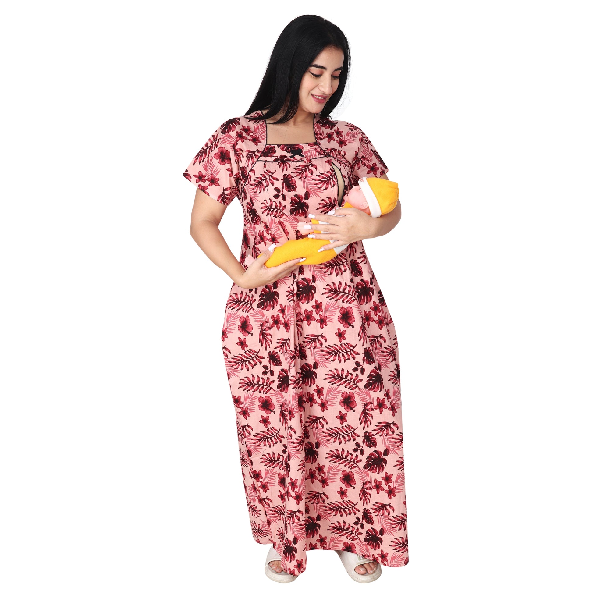 Printed Cotton Mother Nighty For Women - Pink