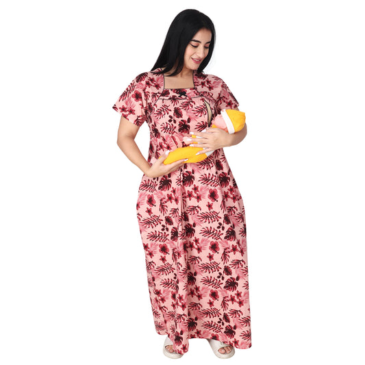 Printed Cotton Mother Nighty For Women - Pink