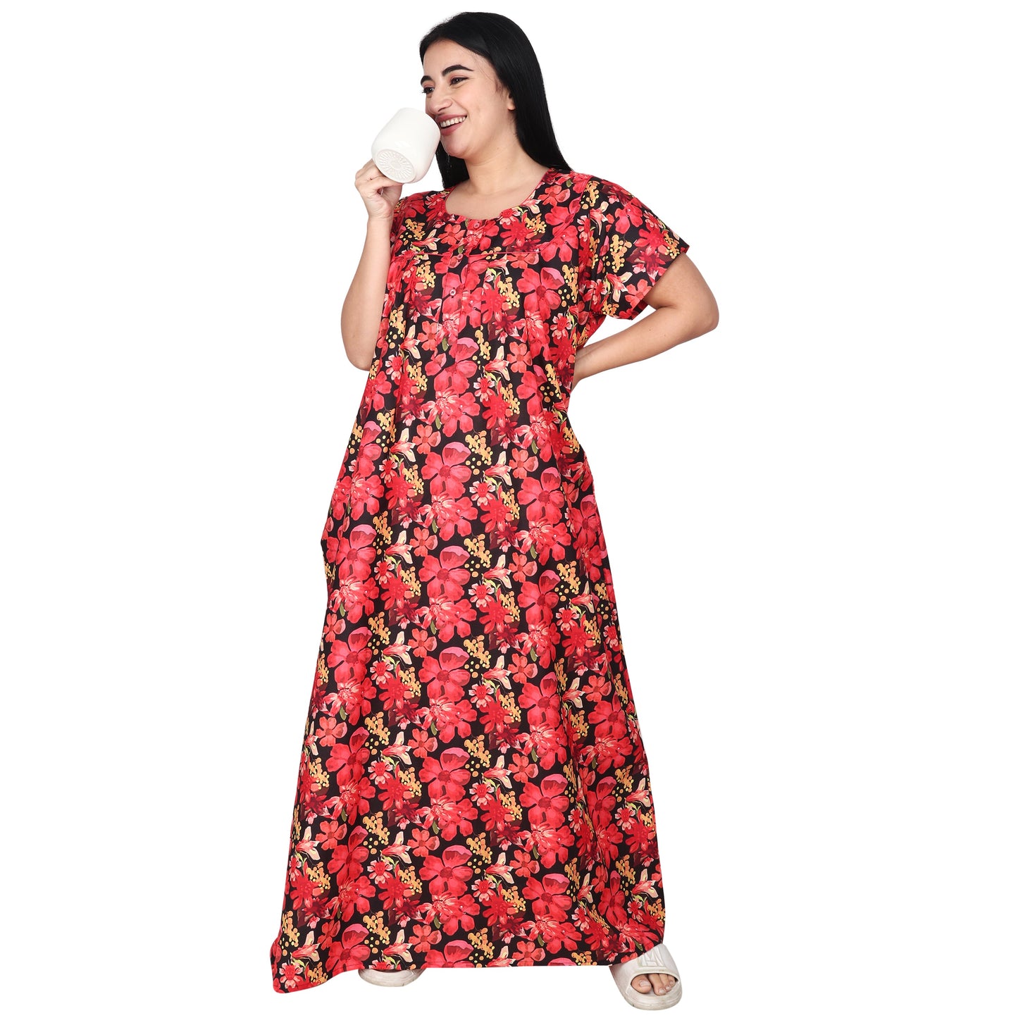 Printed Cotton Nighty For Women - Black