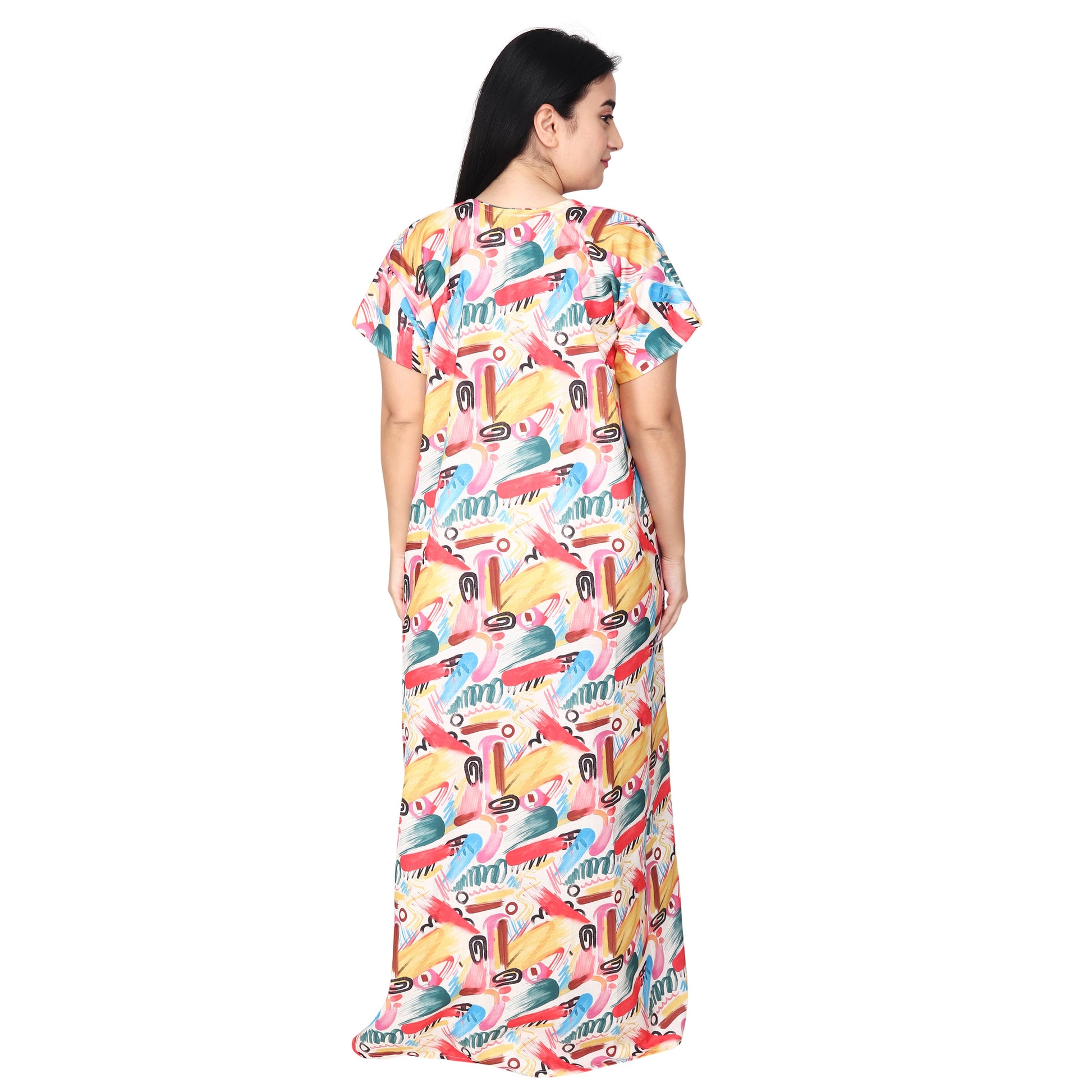 Printed Cotton Nighty For Women - Multi Colour