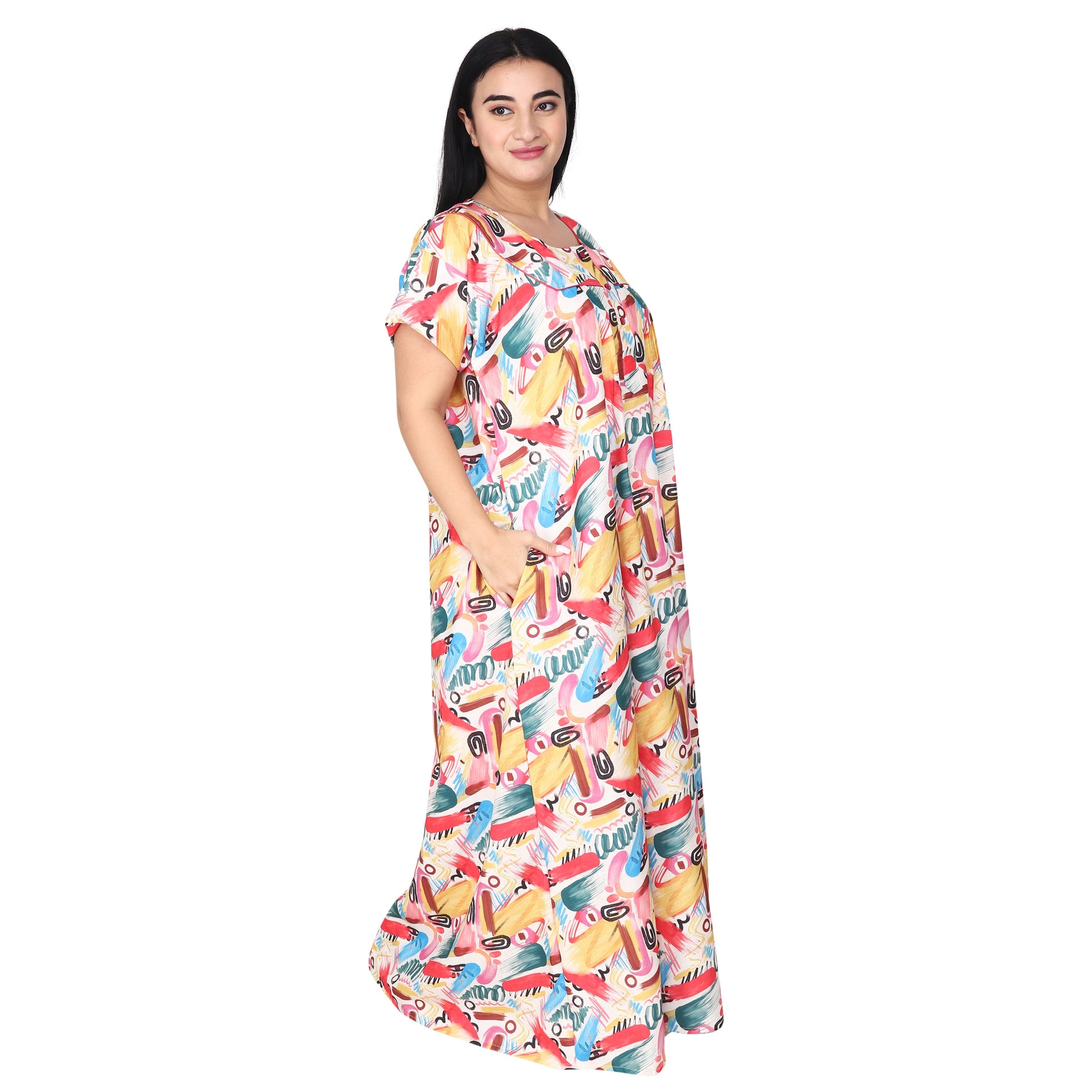 Printed Cotton Nighty For Women - Multi Colour