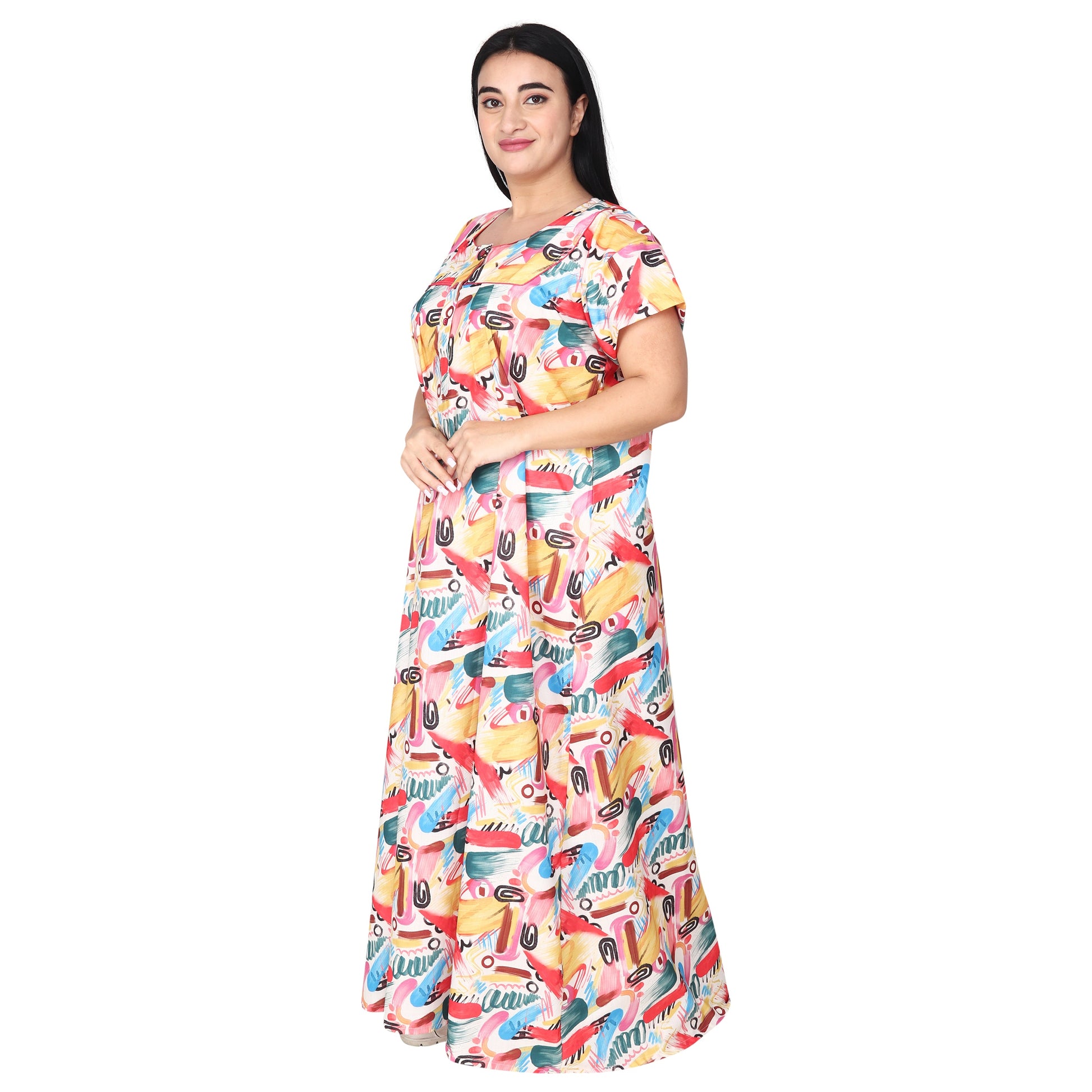 Printed Cotton Nighty For Women - Multi Colour
