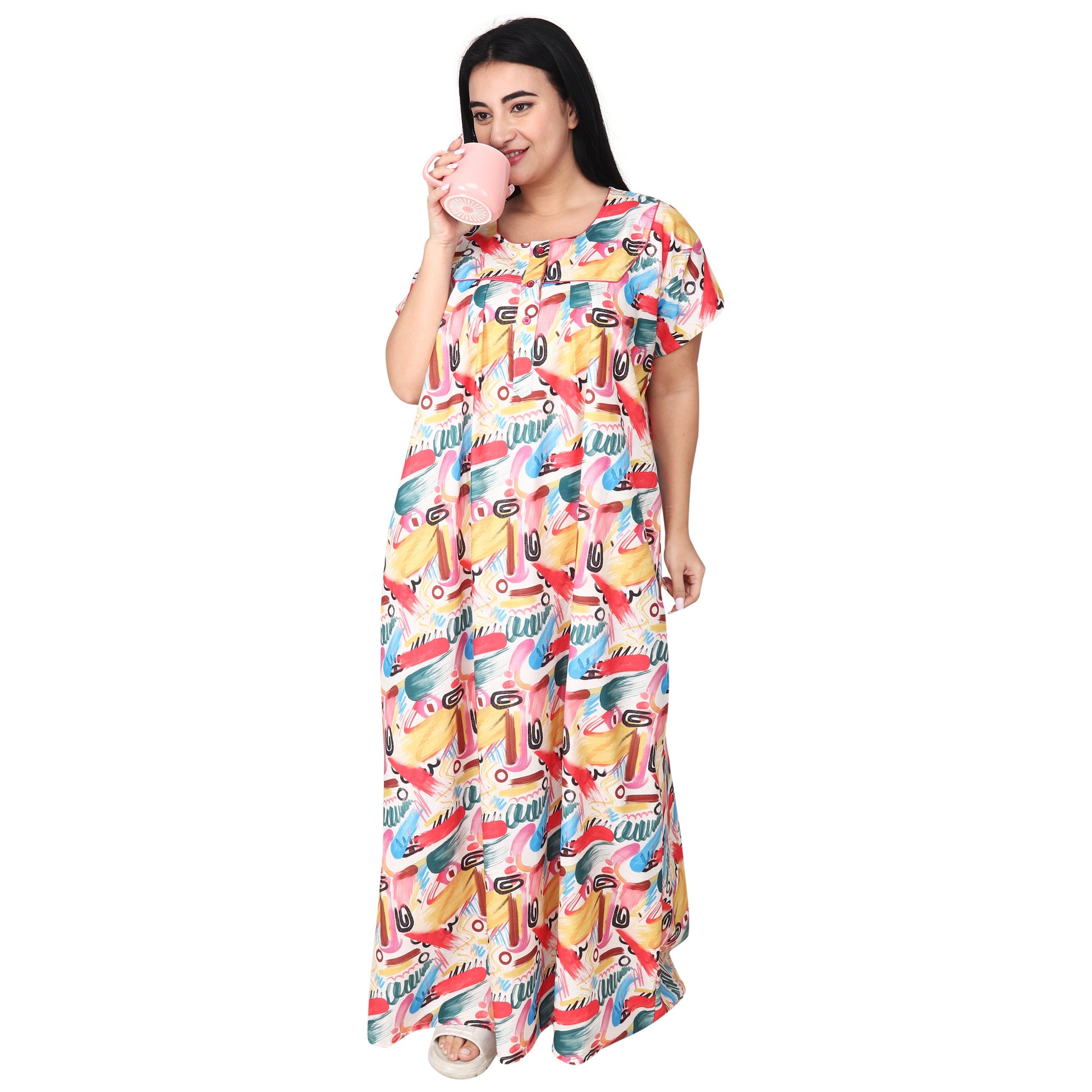 Printed Cotton Nighty For Women - Multi Colour