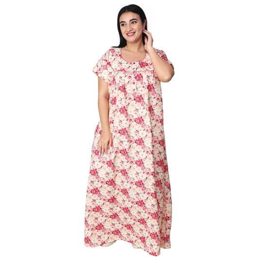 Printed Cotton Nighty For Women - Pink