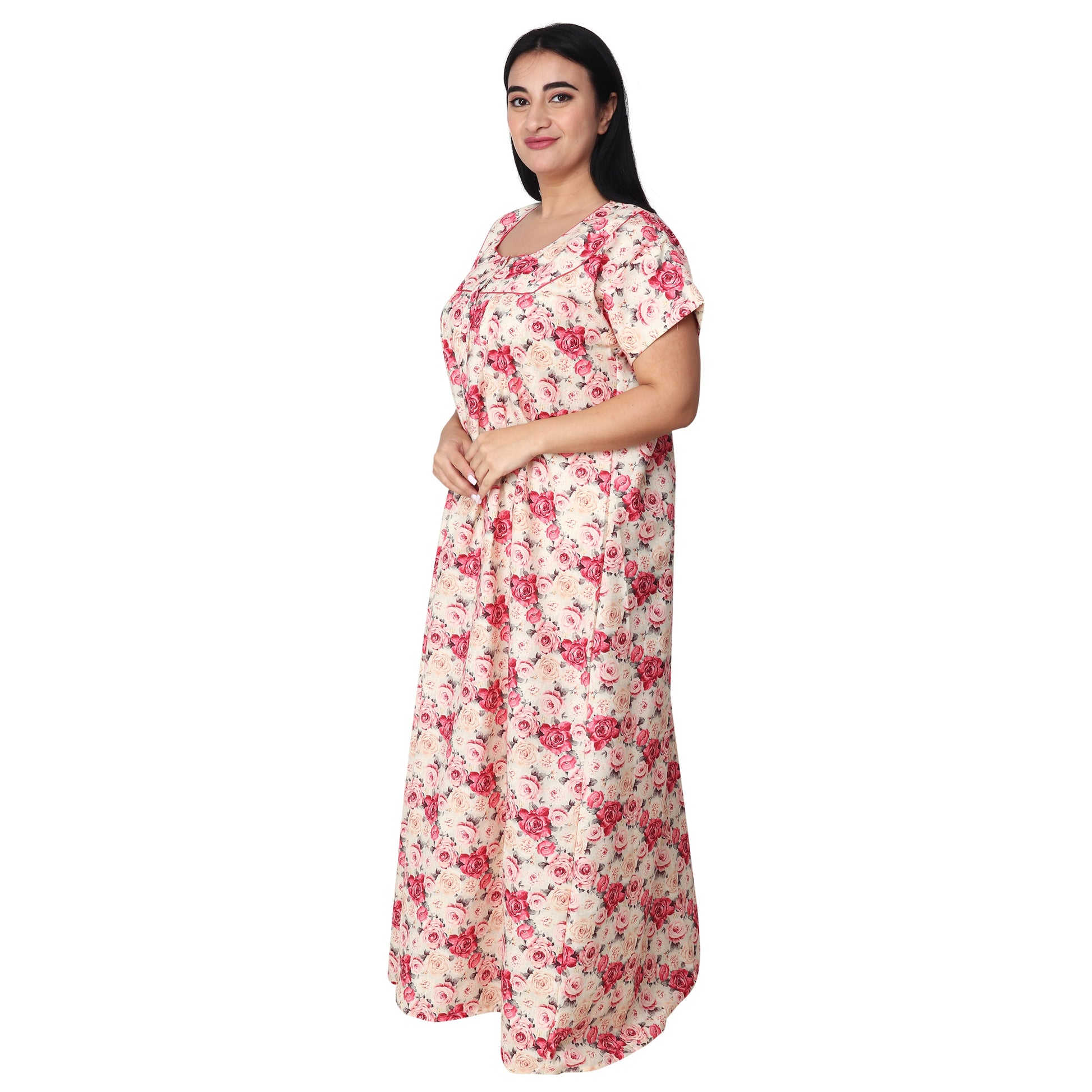 Printed Cotton Nighty For Women - Pink