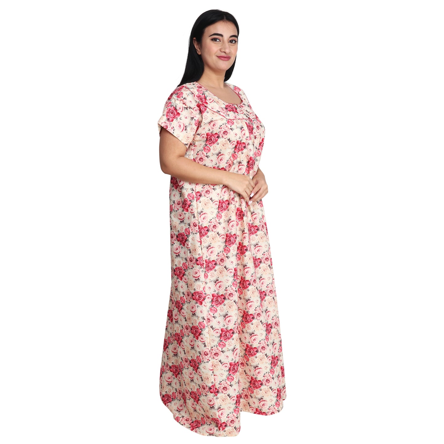 Printed Cotton Nighty For Women - Pink