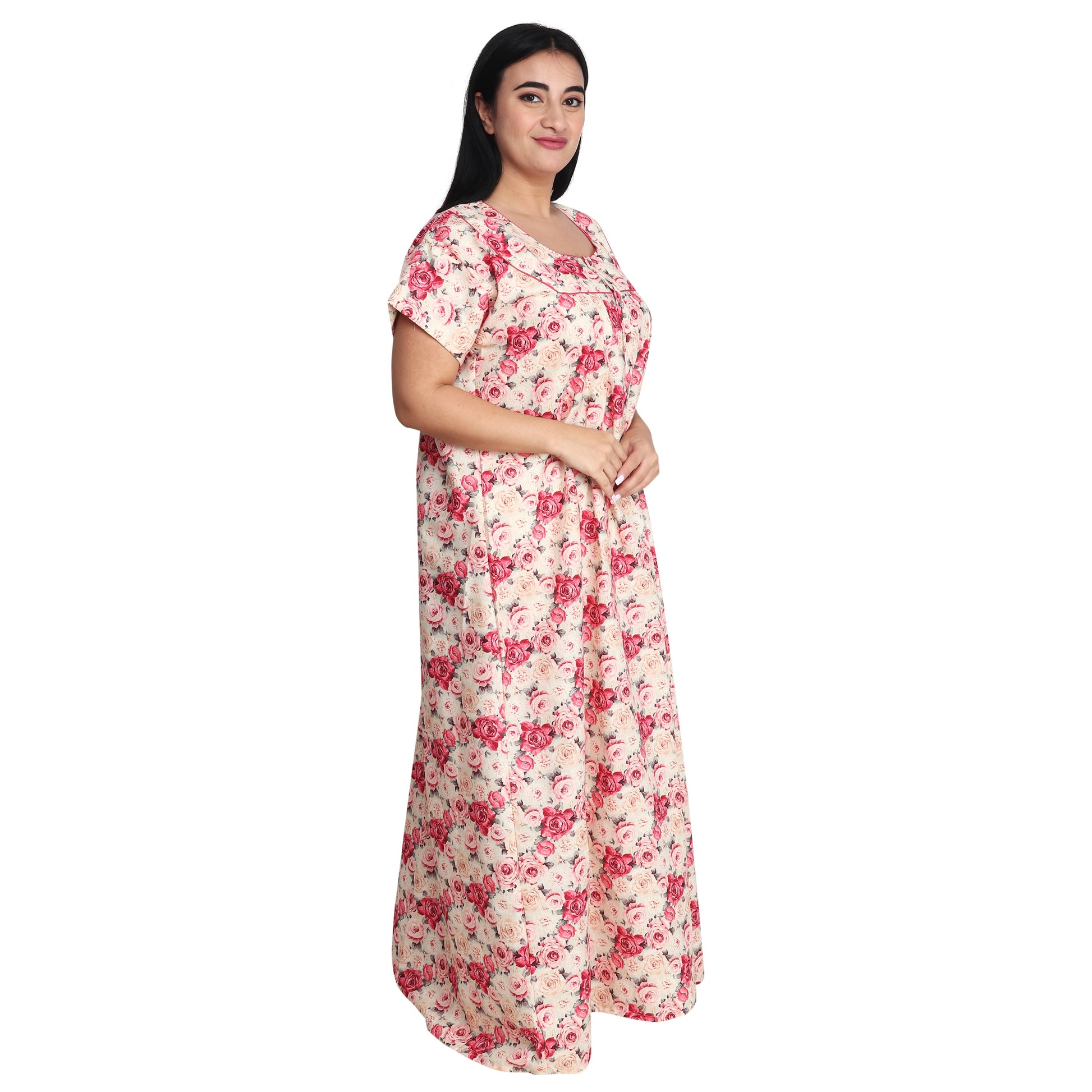 Printed Cotton Nighty For Women - Pink