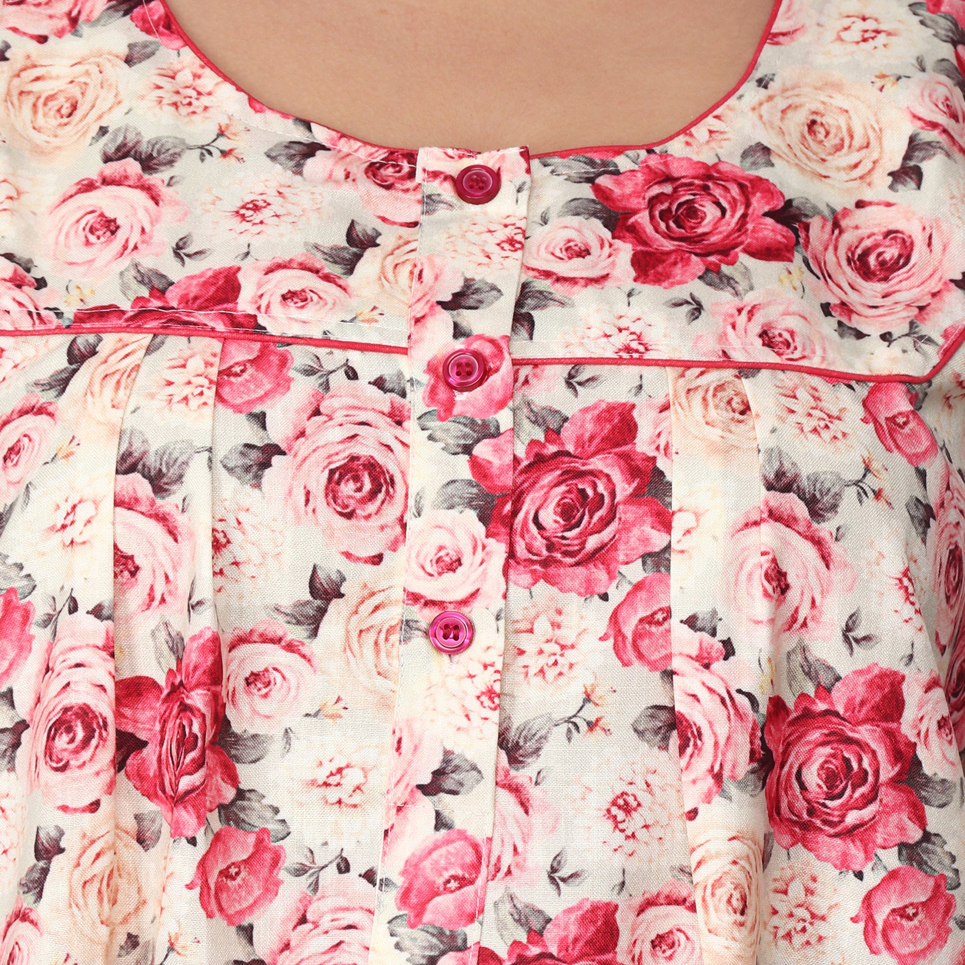 Printed Cotton Nighty For Women - Pink