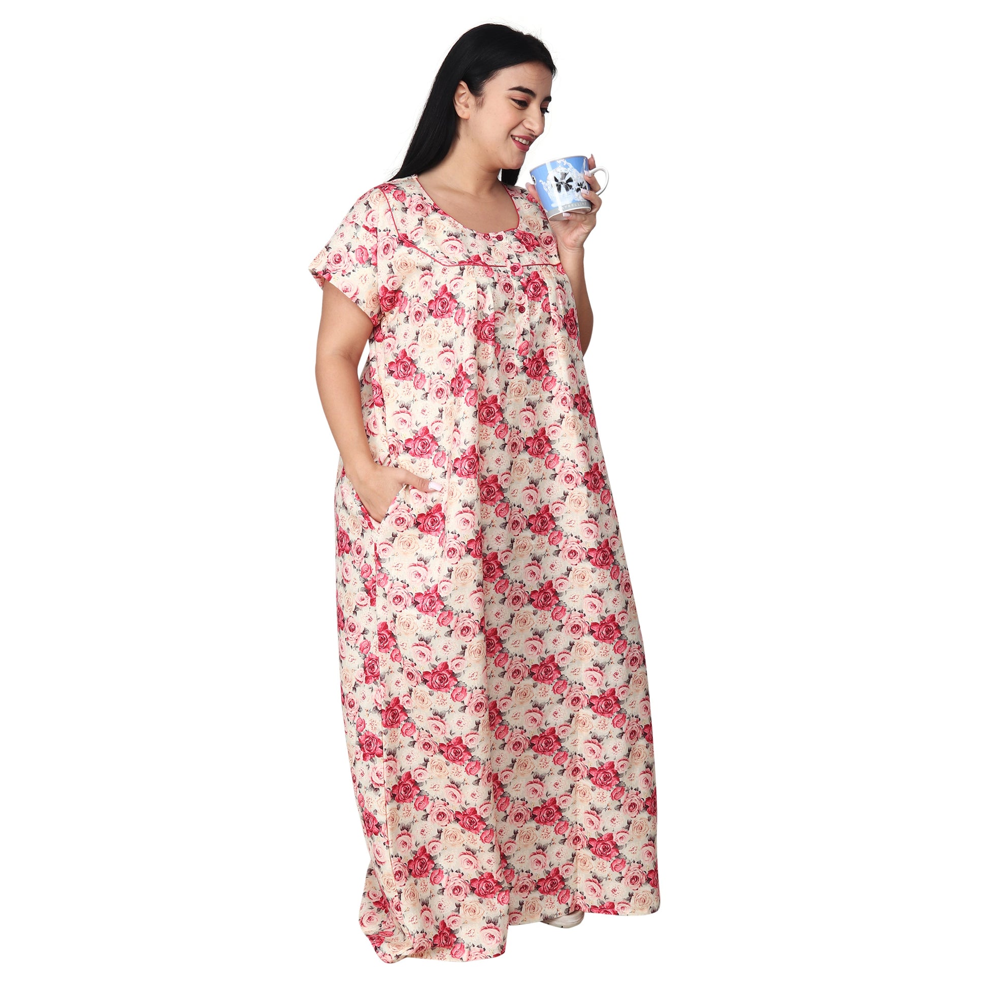 Printed Cotton Nighty For Women - Pink