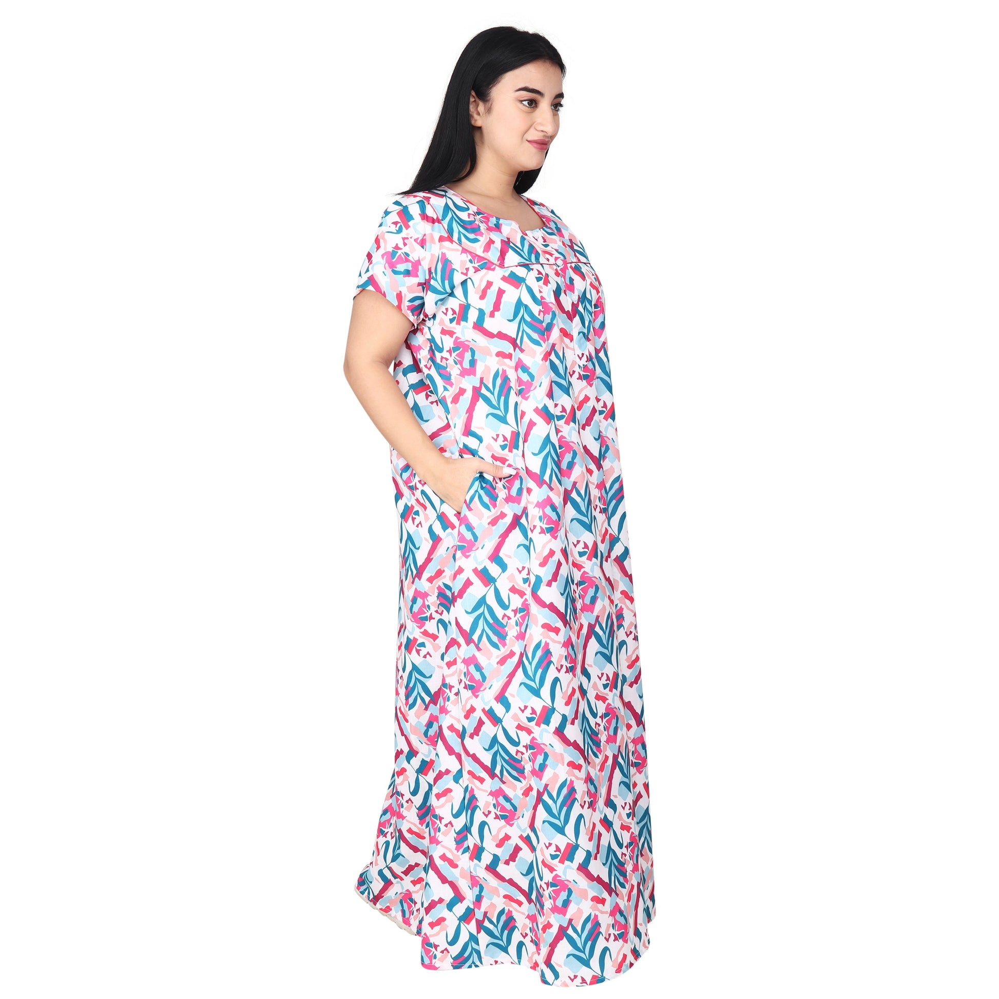 Printed Cotton Nighty For Women - Multi Colour
