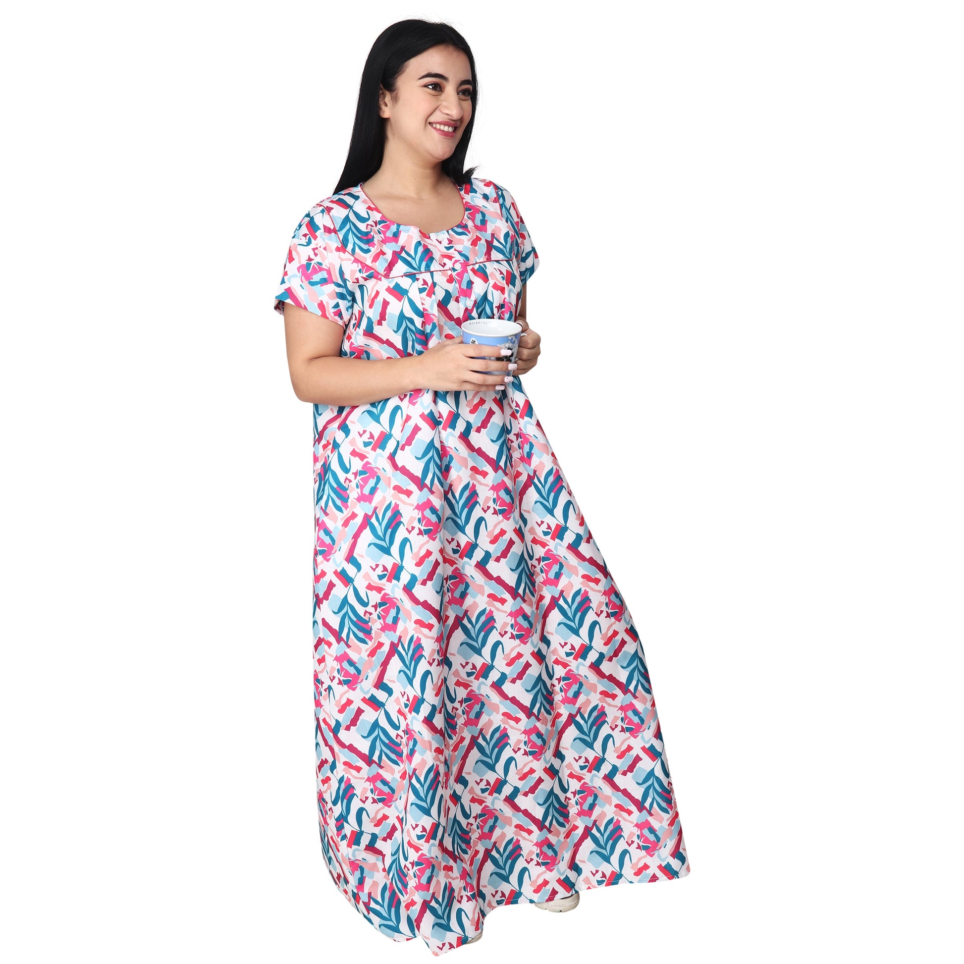 Printed Cotton Nighty For Women - Multi Colour