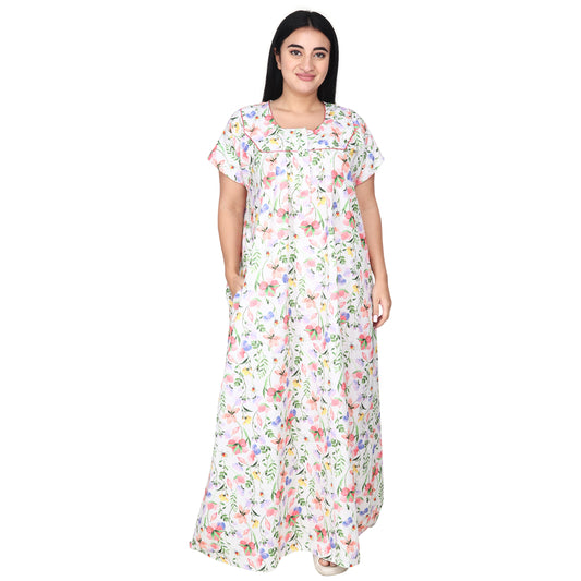 Printed Cotton Nighty For Women - White