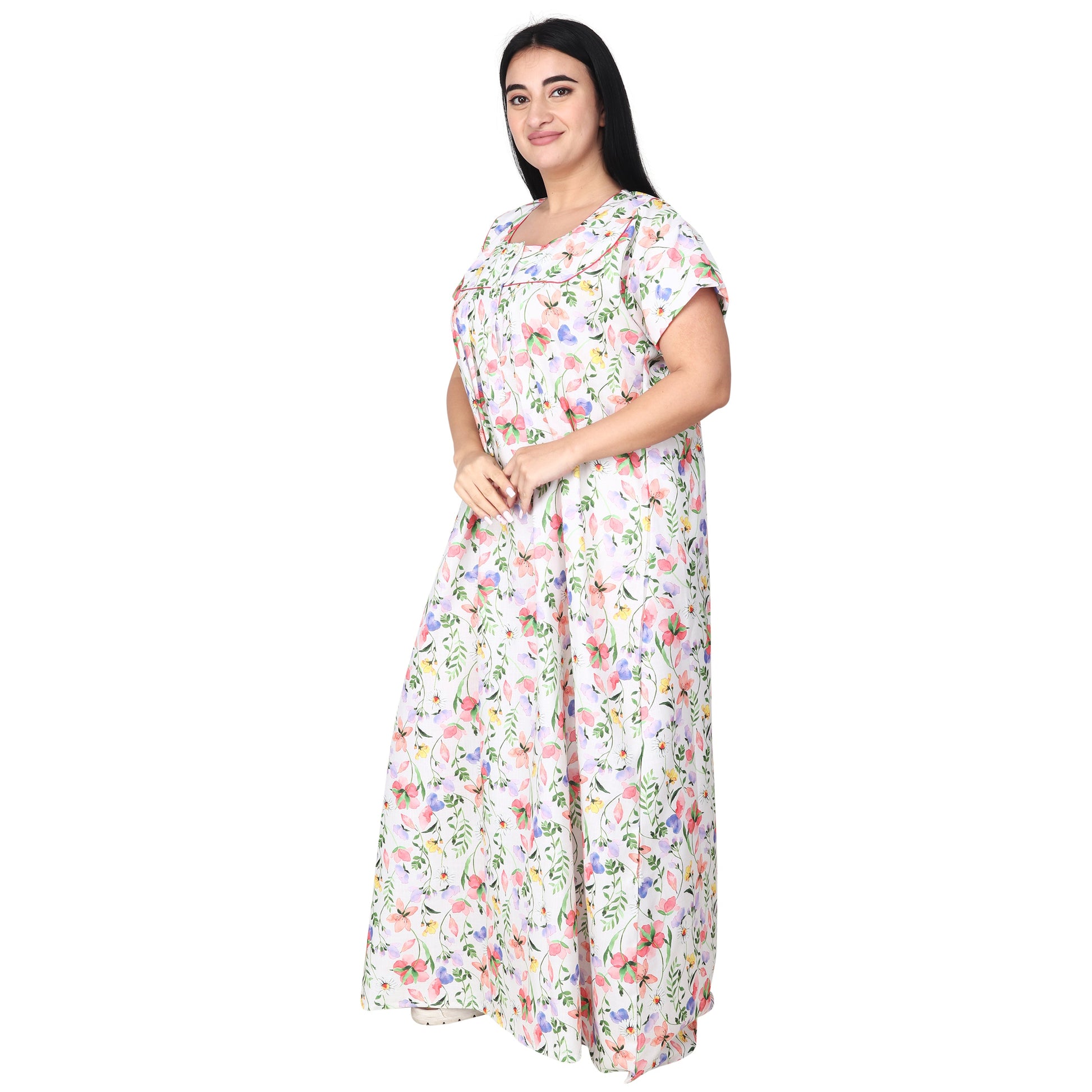 Printed Cotton Nighty For Women - White