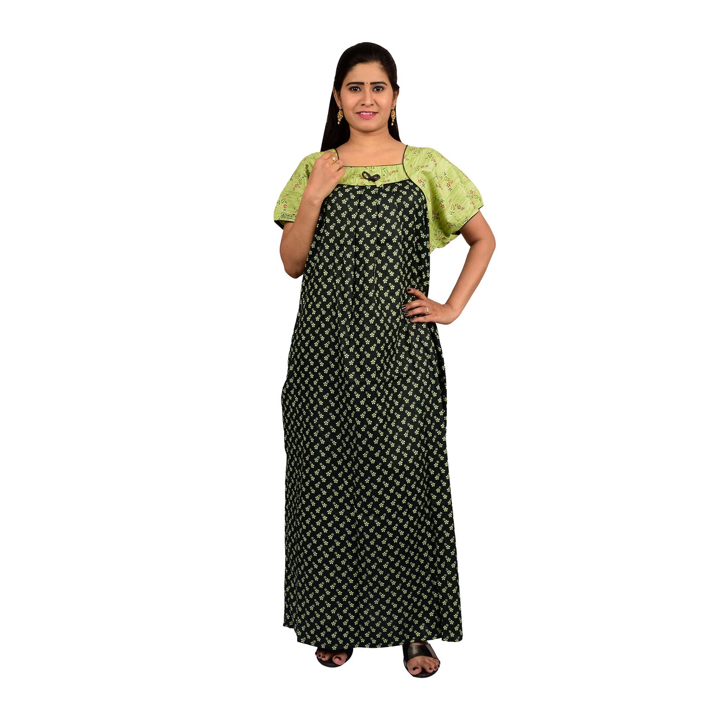 Printed Cotton Nighty For Women - Green