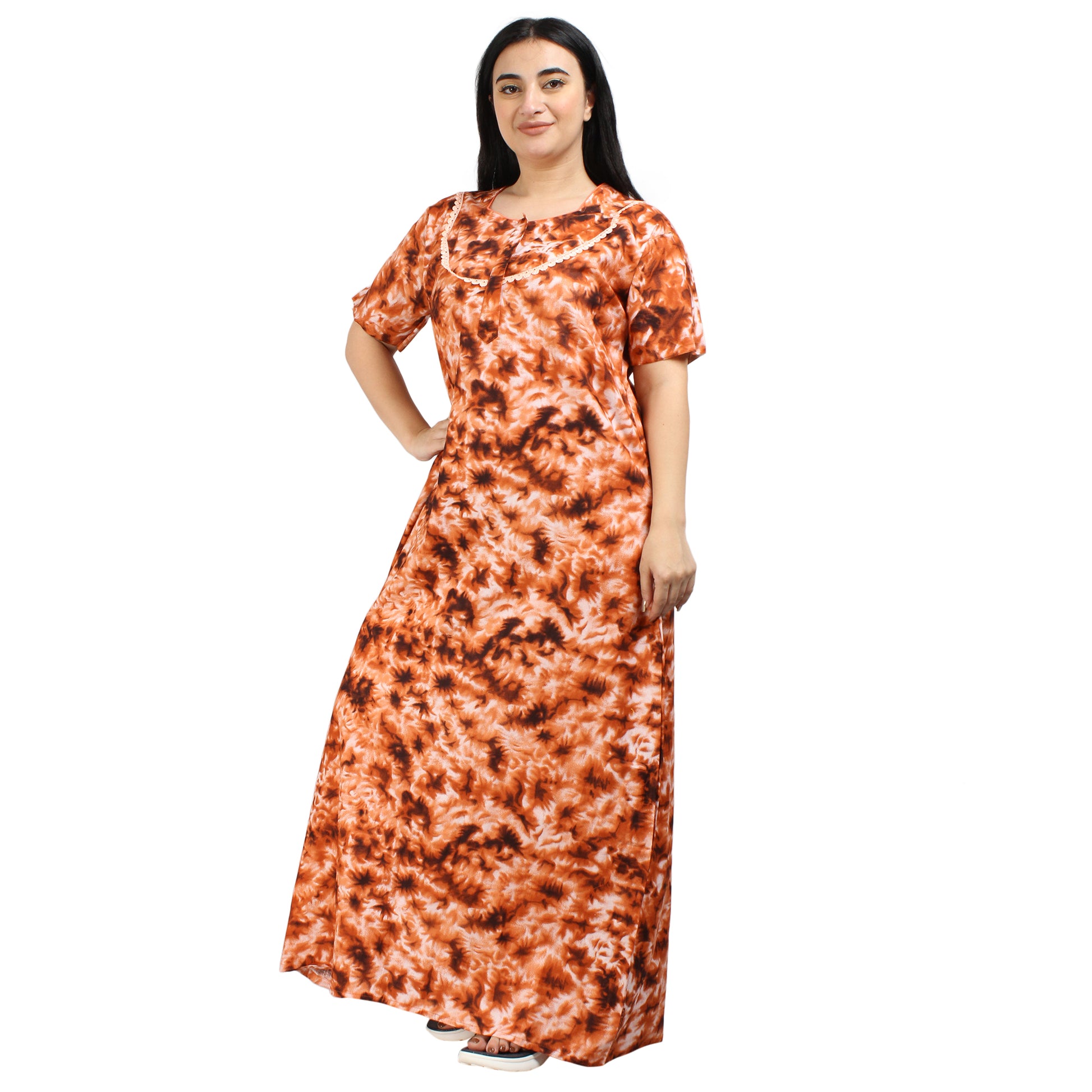 Printed Cotton Nighty For Women - Orange