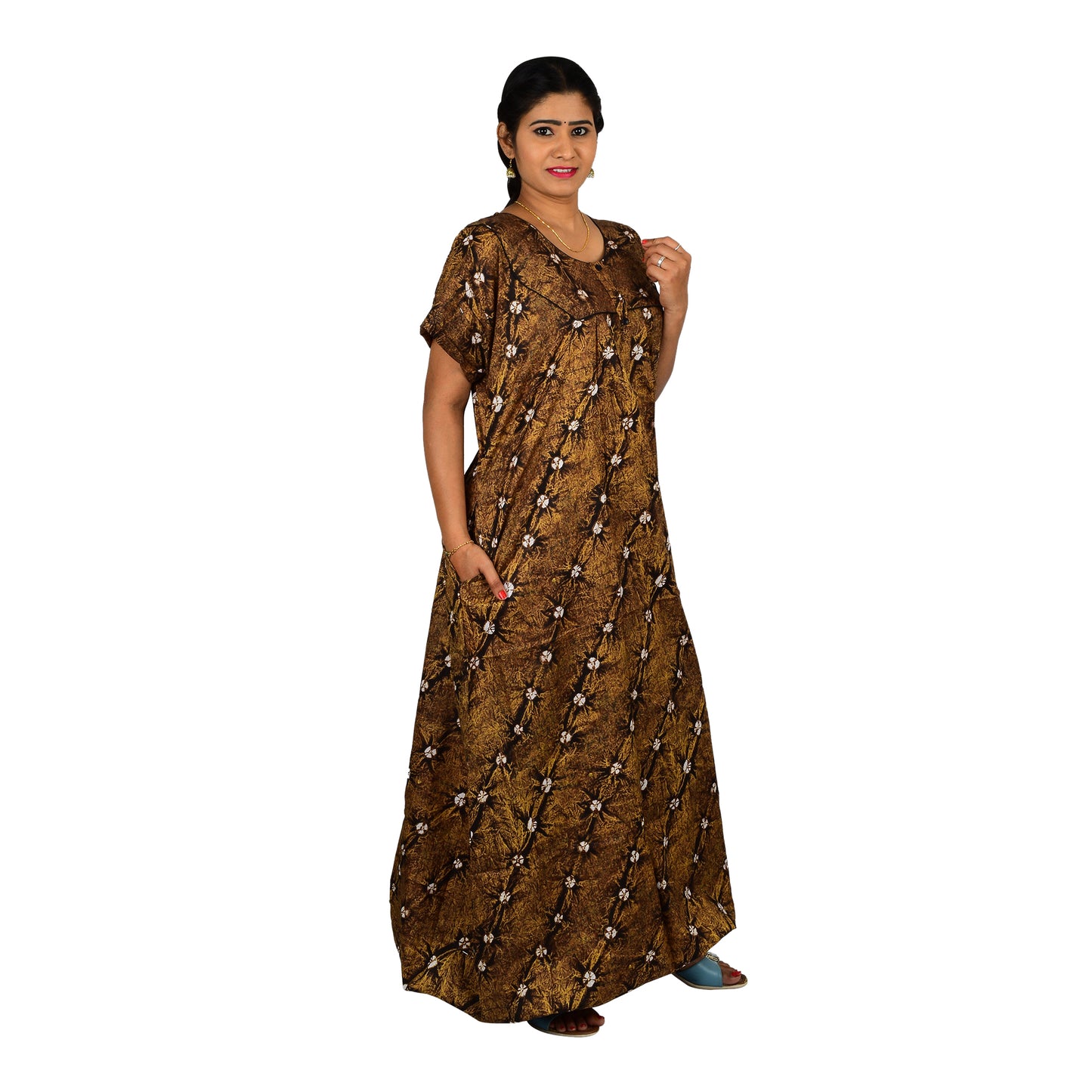 Printed Cotton Nighty For Women - Brown
