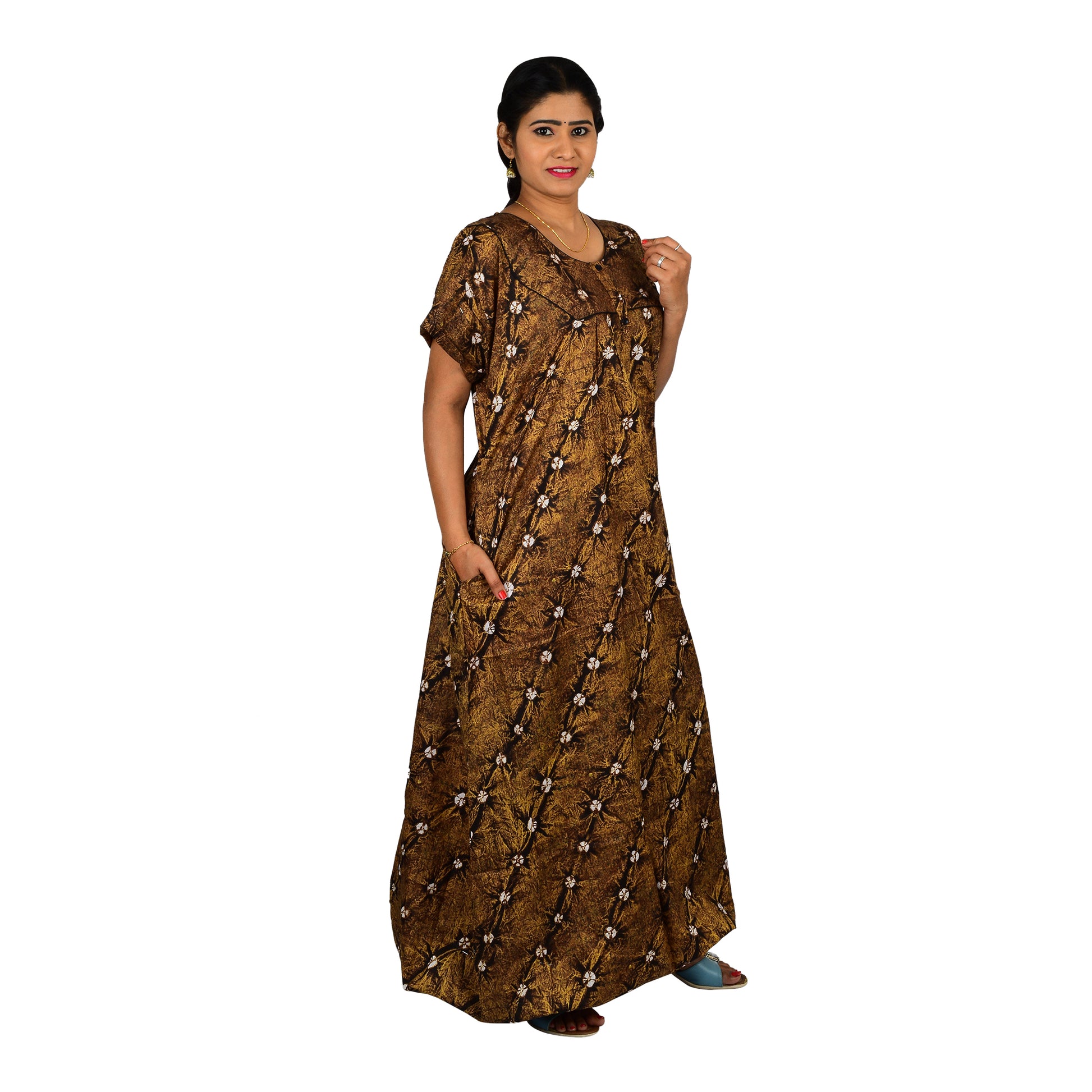 Printed Cotton Nighty For Women - Brown