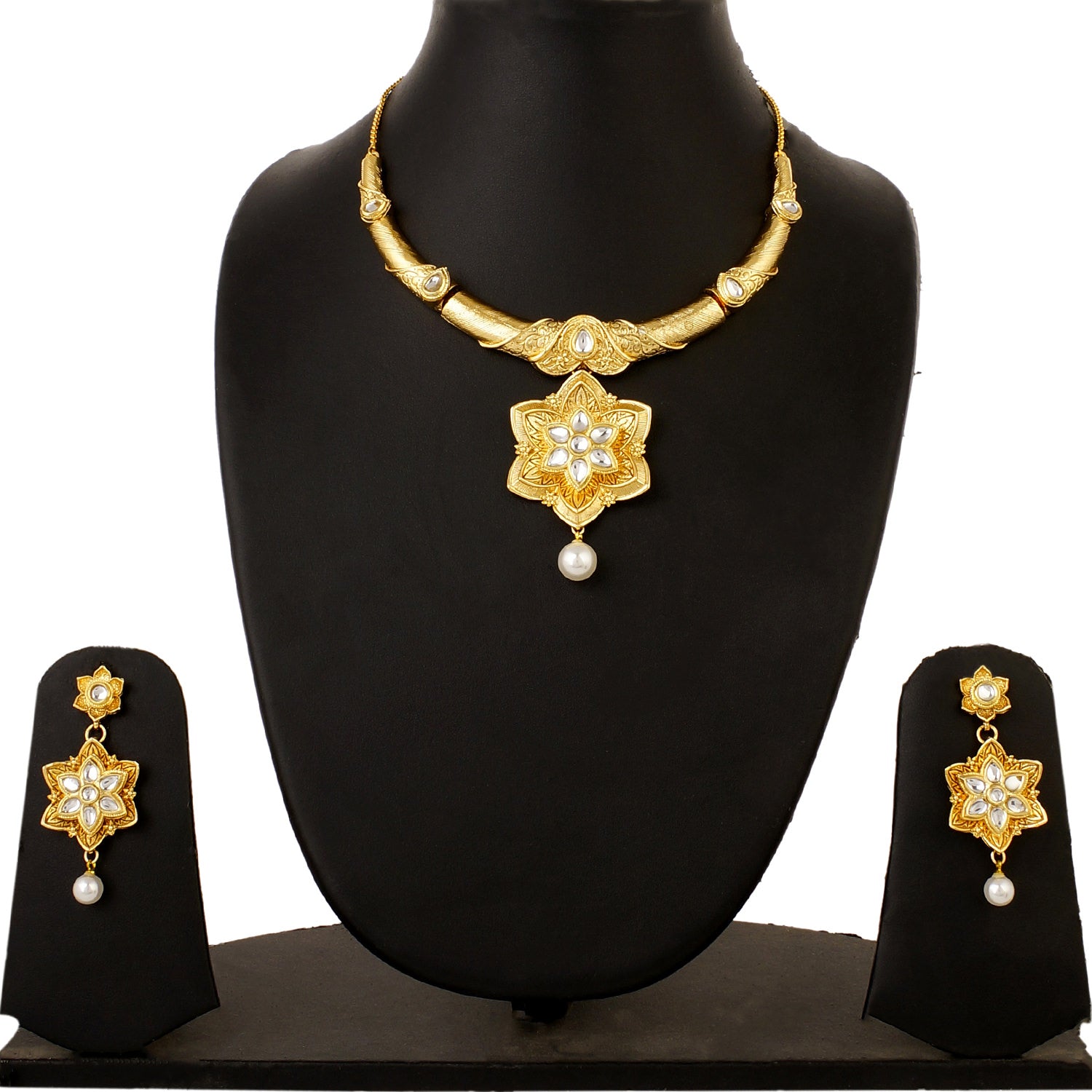 Gold Plated Kundan Necklace and Earrings Imitation Jewelry Set for Women and Girls