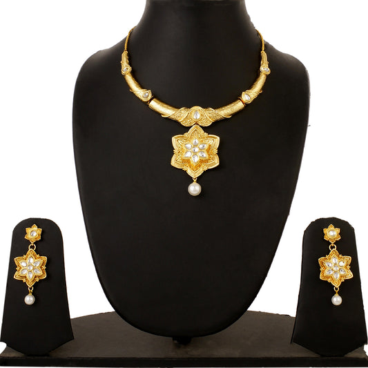 Gold Plated Kundan Necklace and Earrings Imitation Jewelry Set for Women and Girls