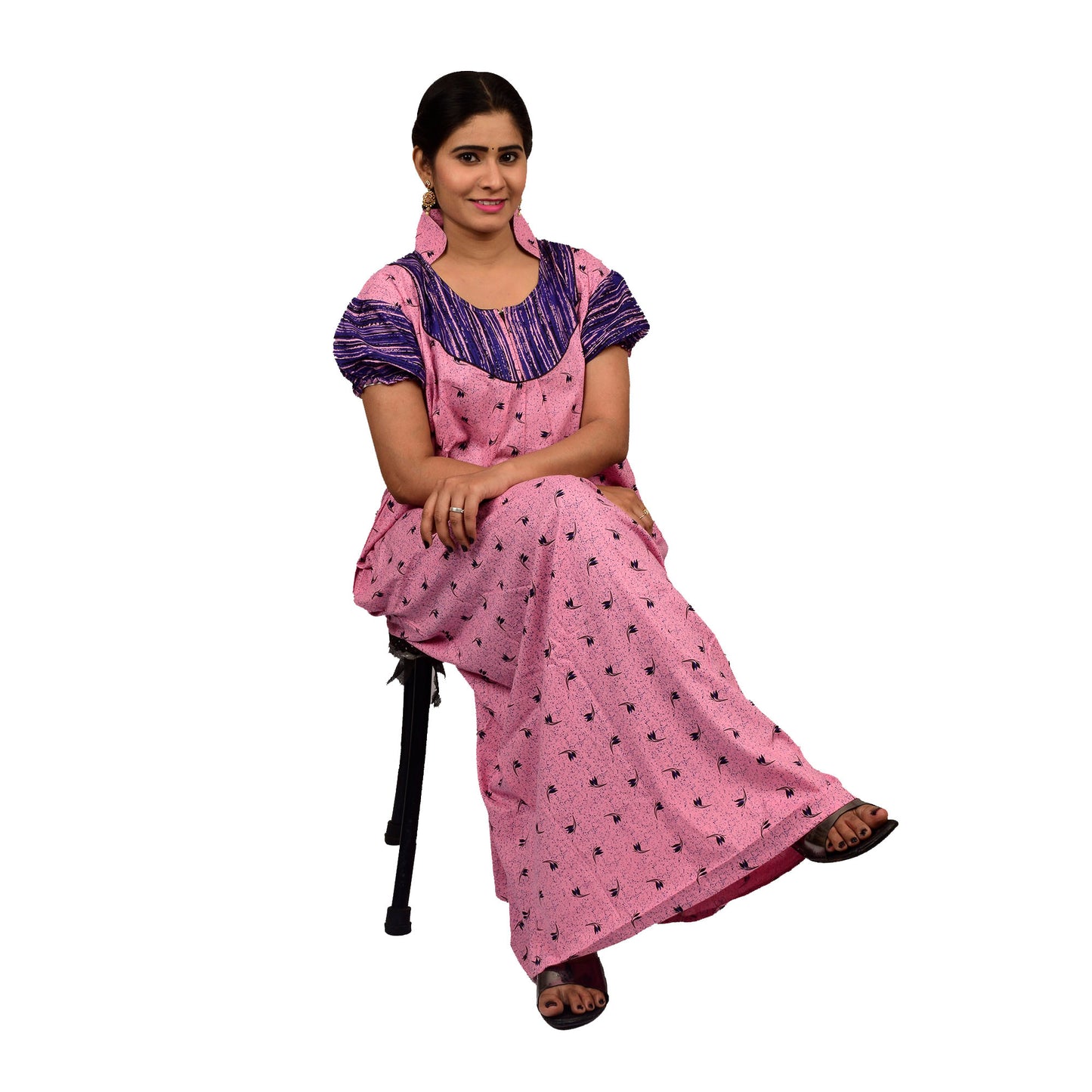 Printed Cotton Nighty For Women - Pink